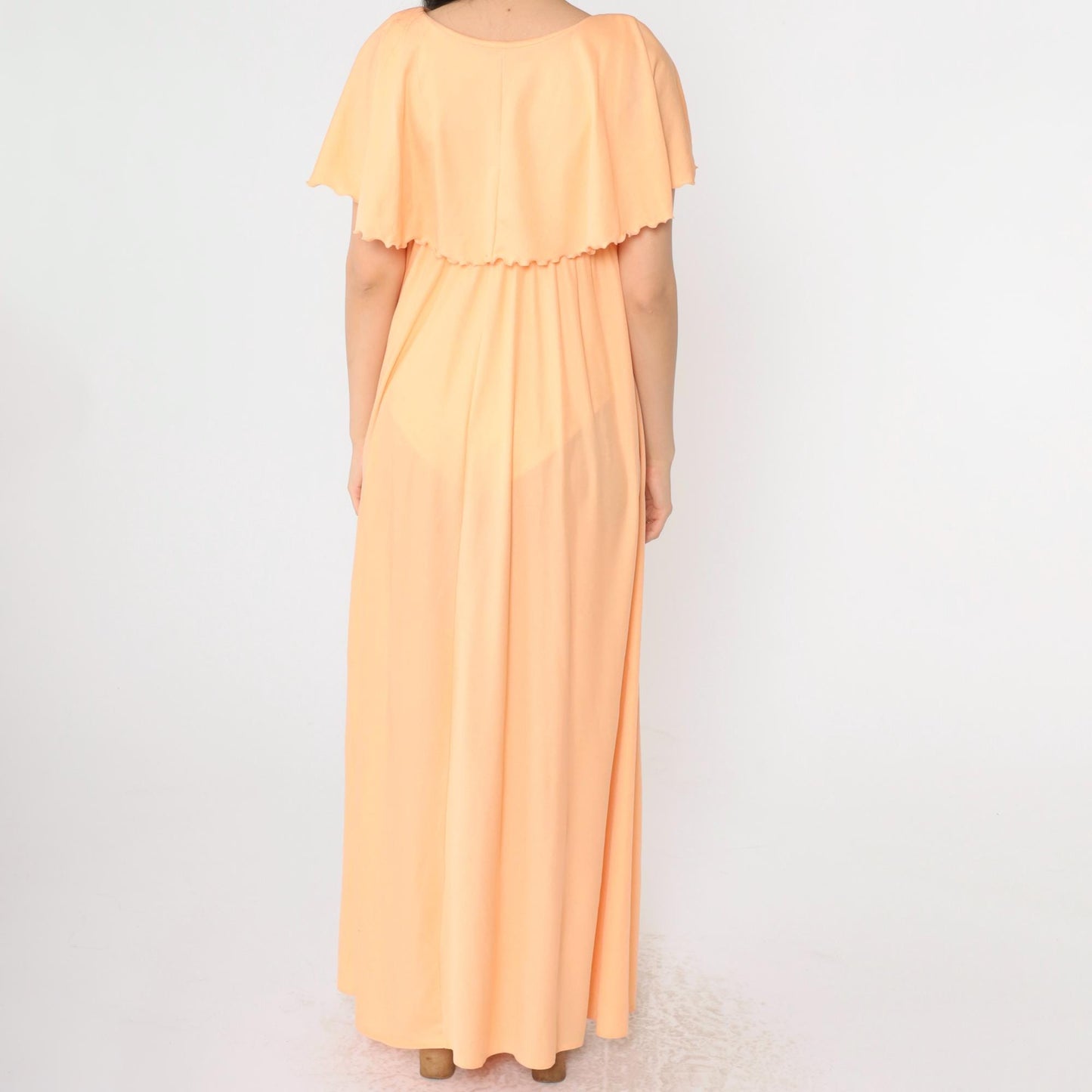 70s Peach Grecian Maxi Dress Empire Waist Capelet Flutter Sleeve Medium