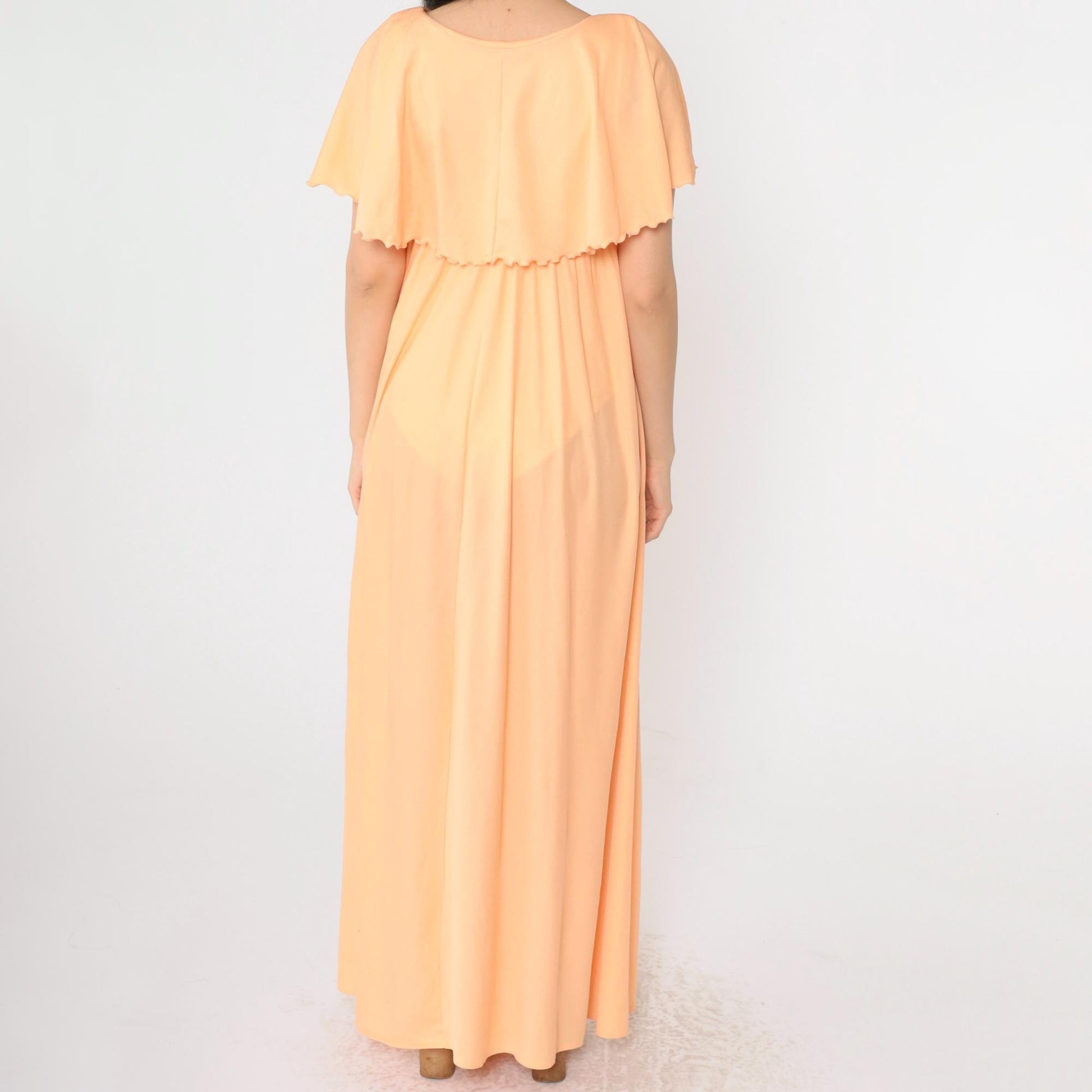 70s Peach Grecian Maxi Dress Empire Waist Capelet Flutter Sleeve Medium