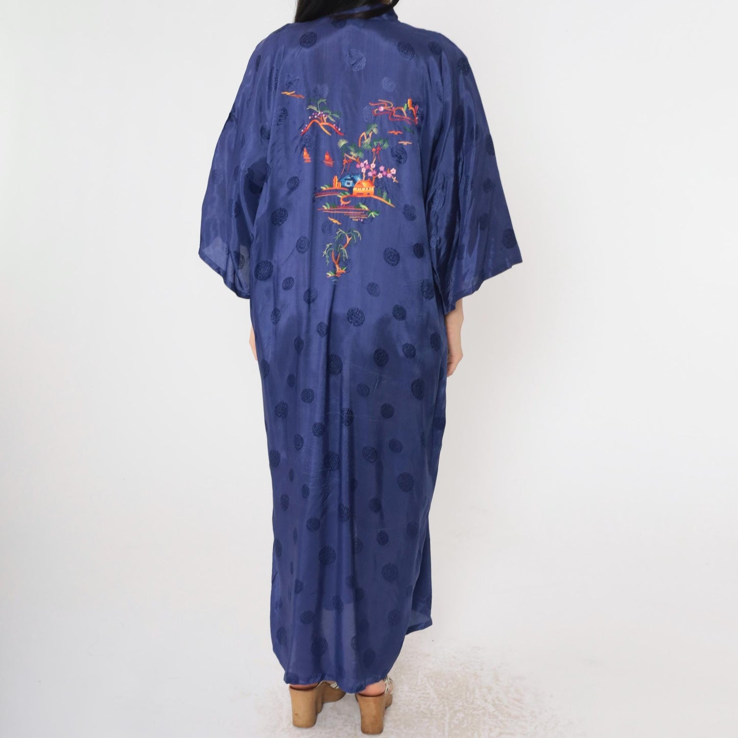 80s Dark Blue Embroidered Japanese Village Kimono Robe Maxi Wrap Extra Large