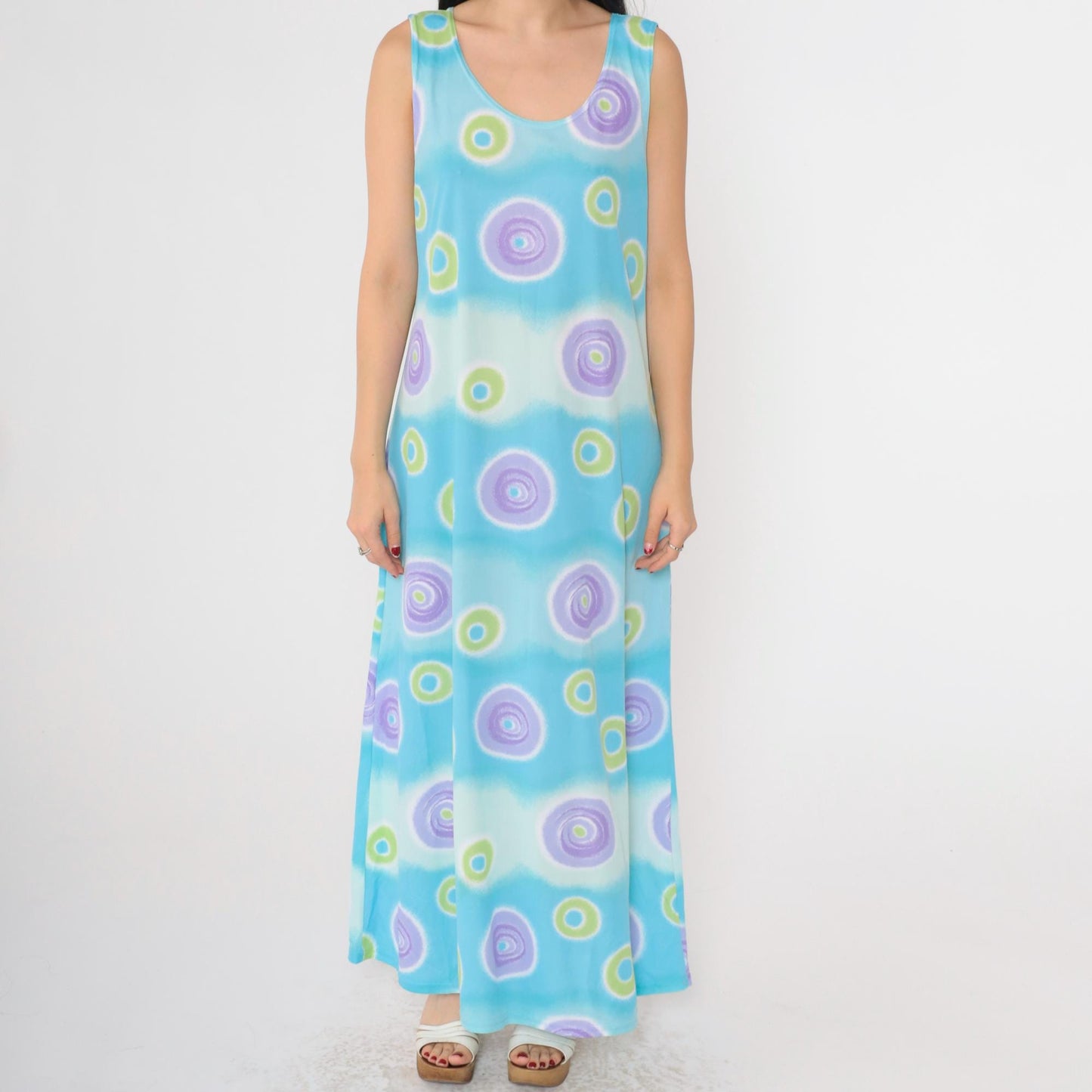 90s Blue Geometric Maxi Dress Sleeveless Shift Pullover Extra Large XXL