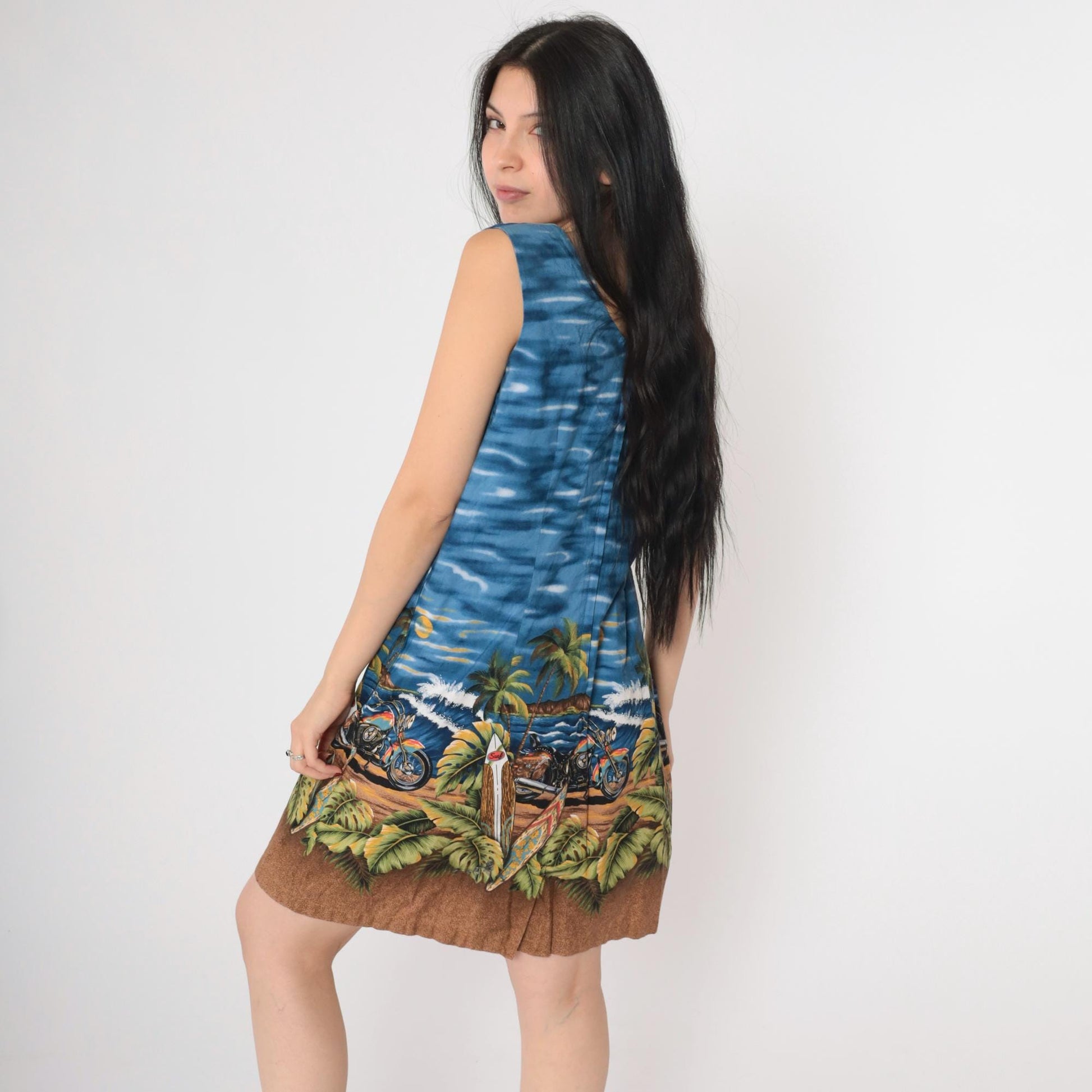 1990s Hawaiian Shift Dress Motorcycle Sunset Print Sleeveless Blue Medium