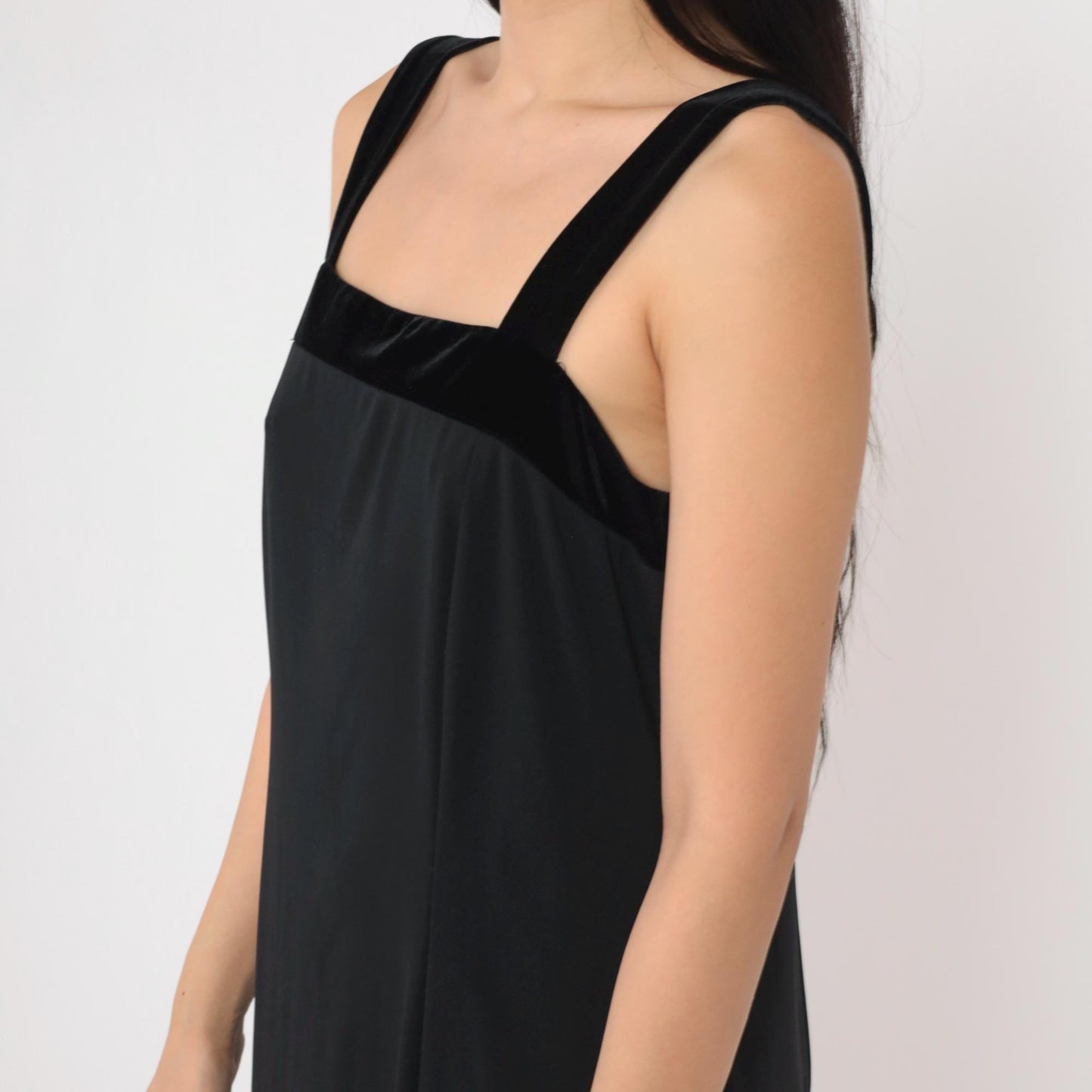 90s Black Velvet Strap Maxi Dress Sleeveless Sheath Front Slit Medium