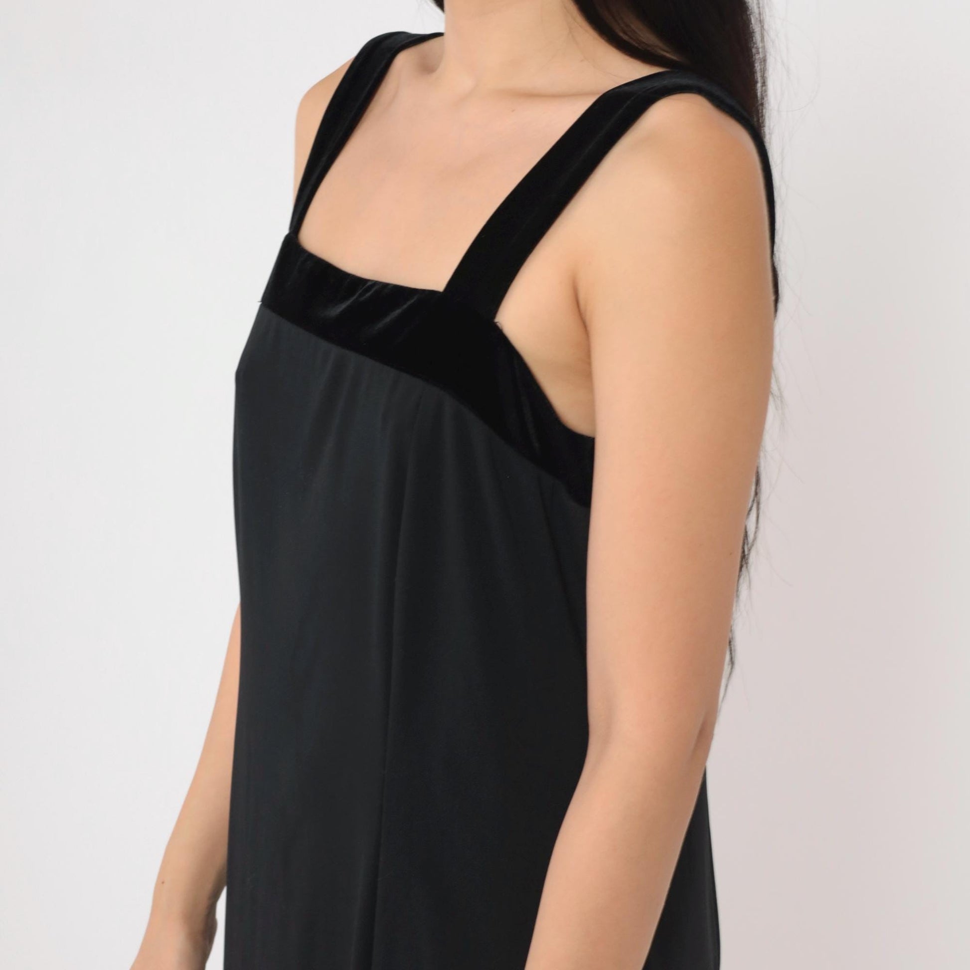 90s Black Velvet Strap Maxi Dress Sleeveless Sheath Front Slit Medium