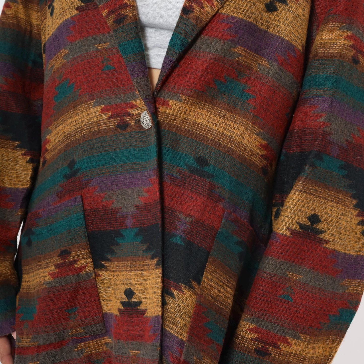 90s Southwestern Striped Blazer Red Yellow Blue Button Up Jacket Plus Size XXL