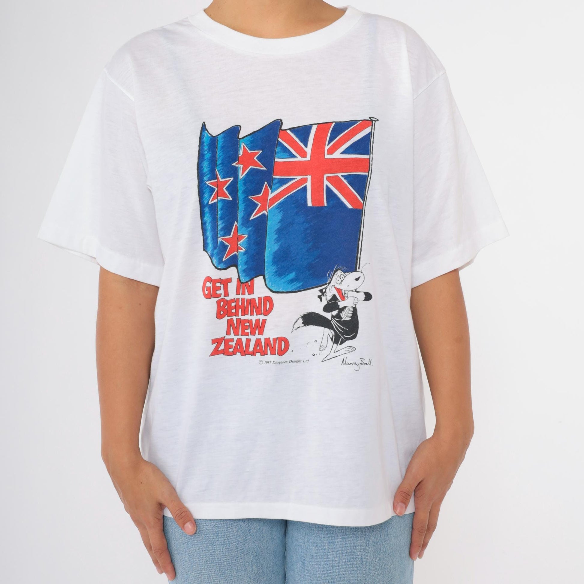 1987 New Zealand Murray Ball Graphic T-Shirt White Rugby Large