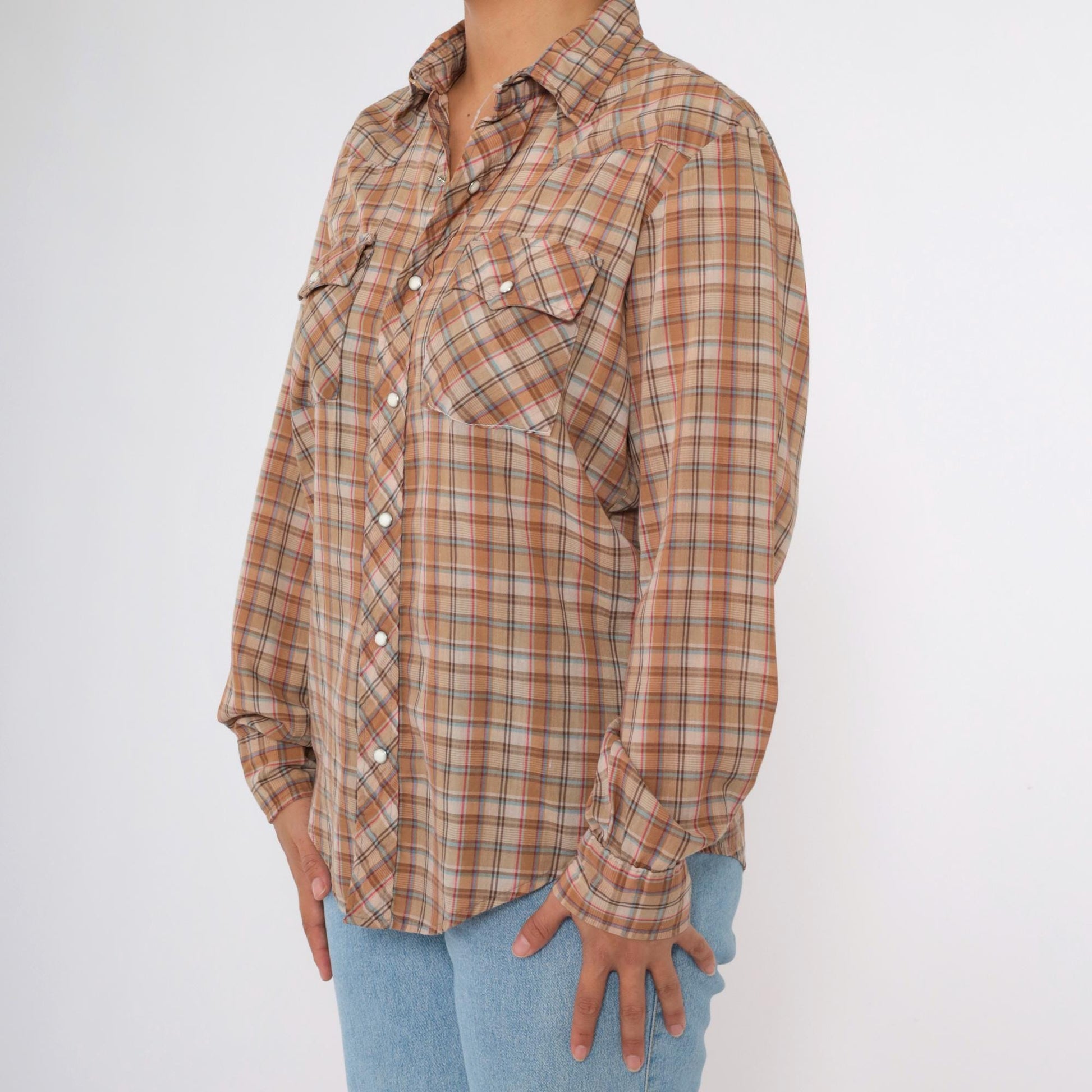 80s Dakota Western Pearl Snap Shirt Burnt Orange Tan Plaid Large