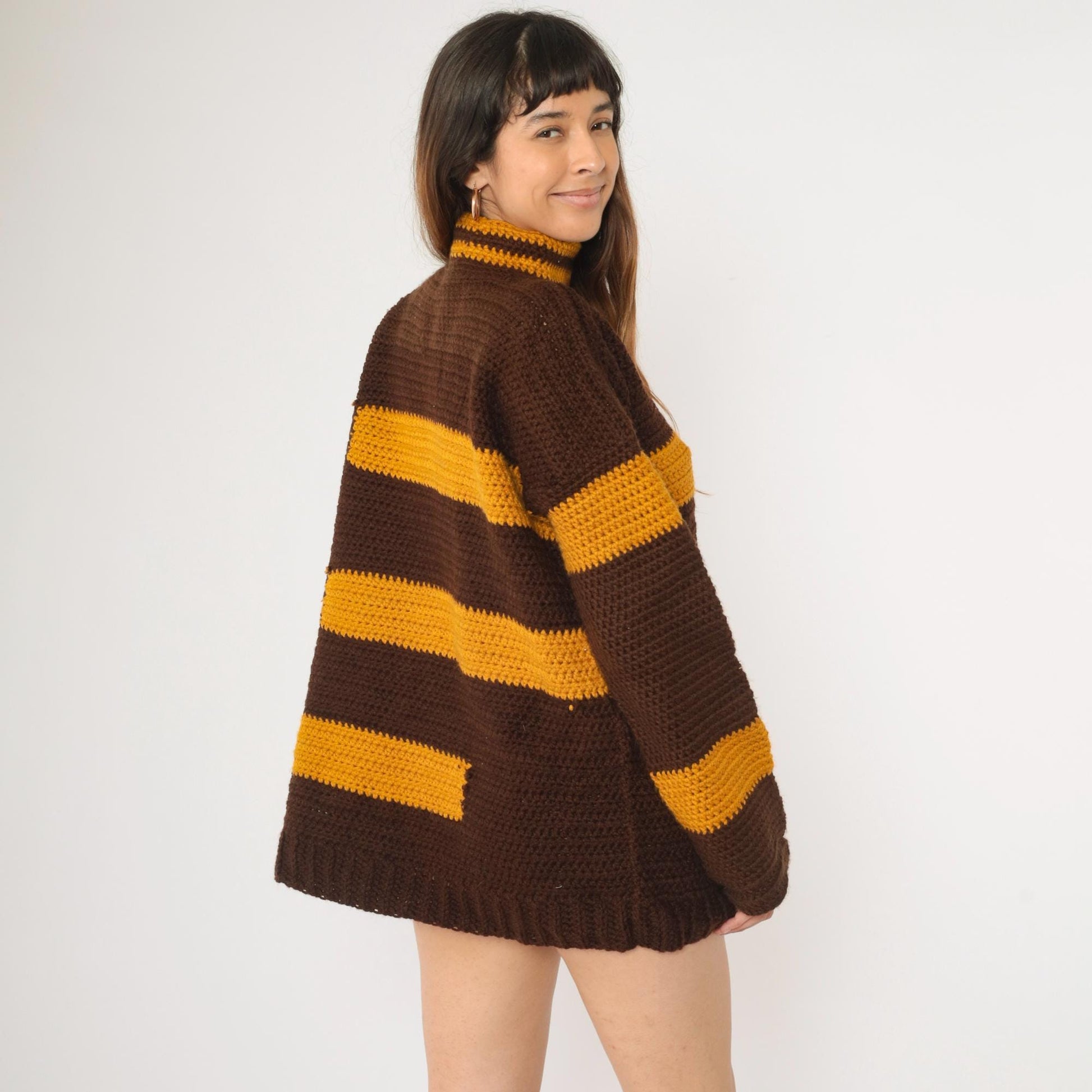 70s Striped Crochet Sweater Brown Mustard Mock Neck Pullover Extra Large