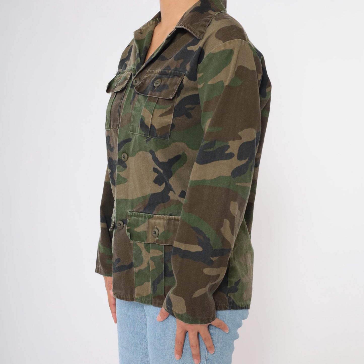 90s Army Camouflage Button-Up Shirt Green Cargo Pockets Small