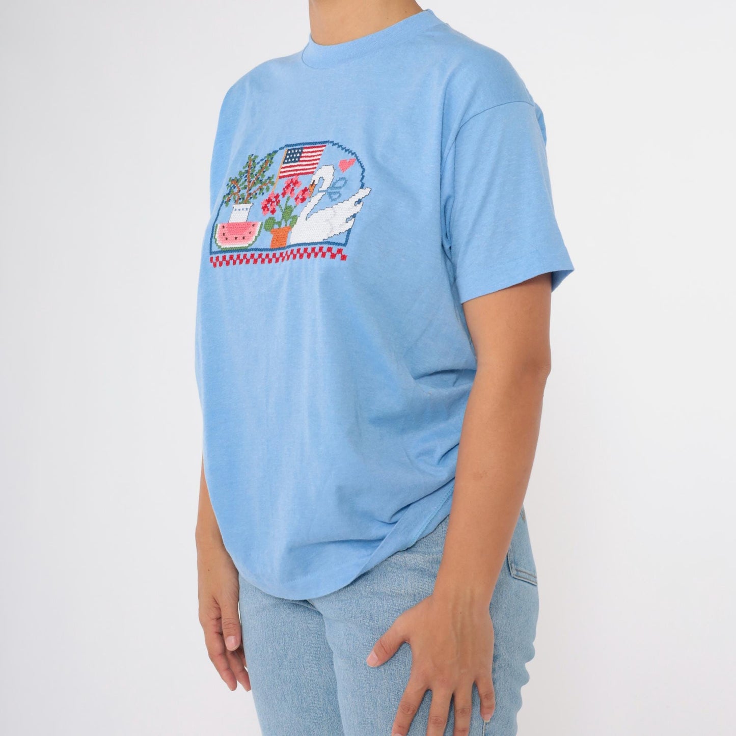 80s Screen Stars Embroidered Graphic Tee Swan Flag Watermelon Blue Medium