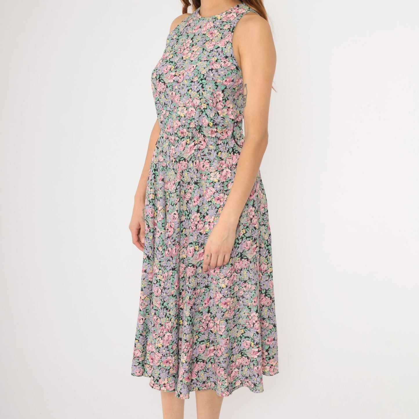 90s Ed Michaels Floral Midi Dress Pink Purple Sleeveless Small