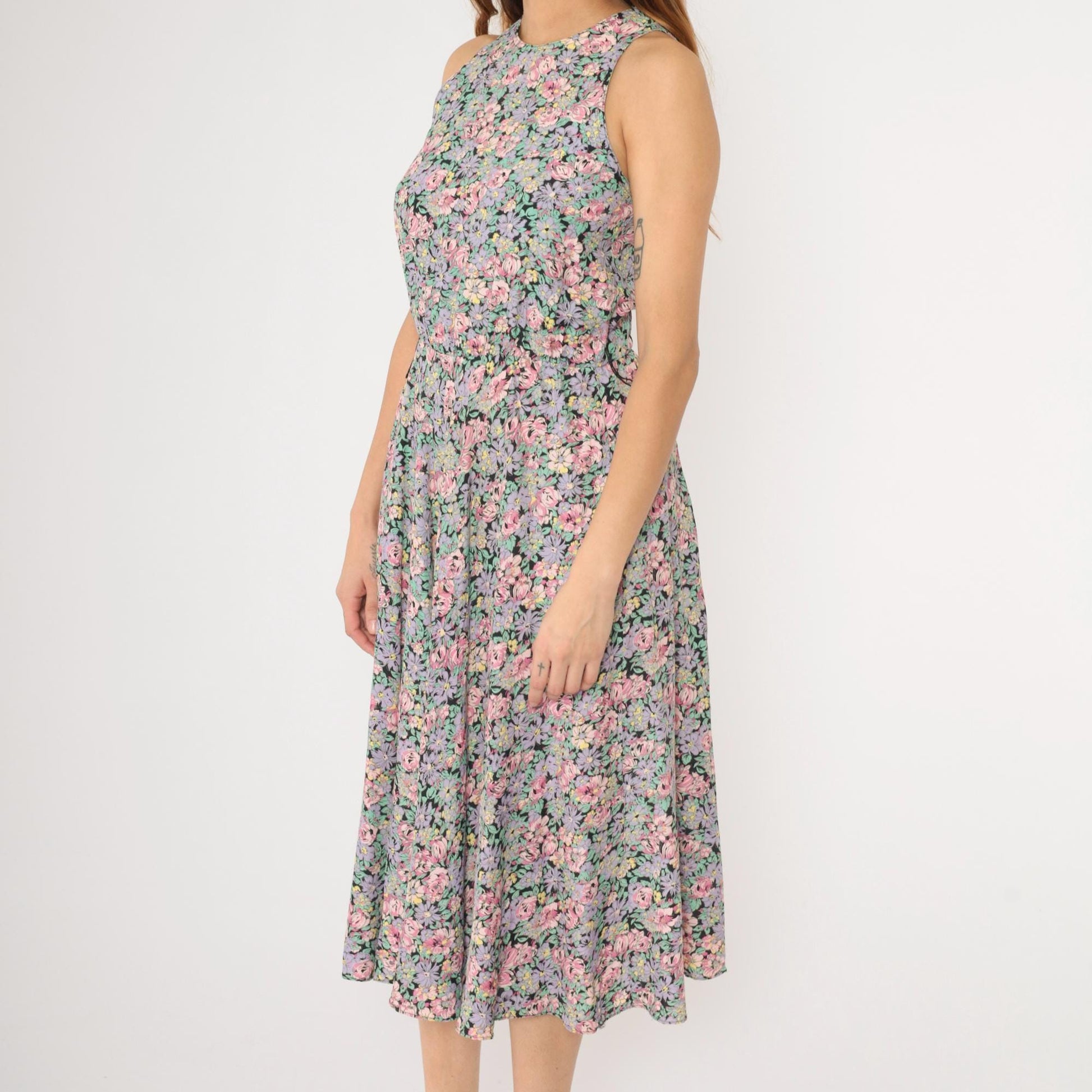 90s Ed Michaels Floral Midi Dress Pink Purple Sleeveless Small
