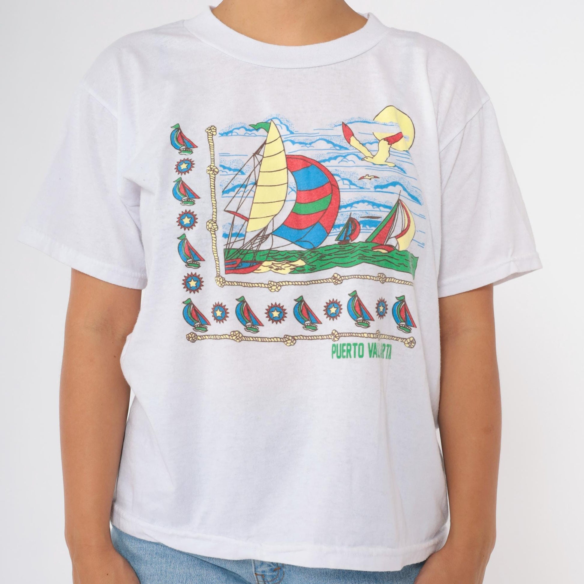 90s Puerto Vallarta Mexico Nautical Sailboat Graphic T-Shirt White Large