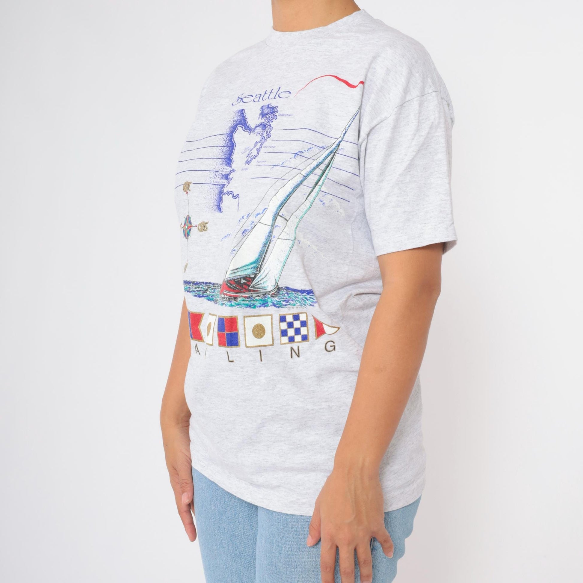 90s Seattle Sailing Graphic T-Shirt Sailboat Print Grey Cotton Medium