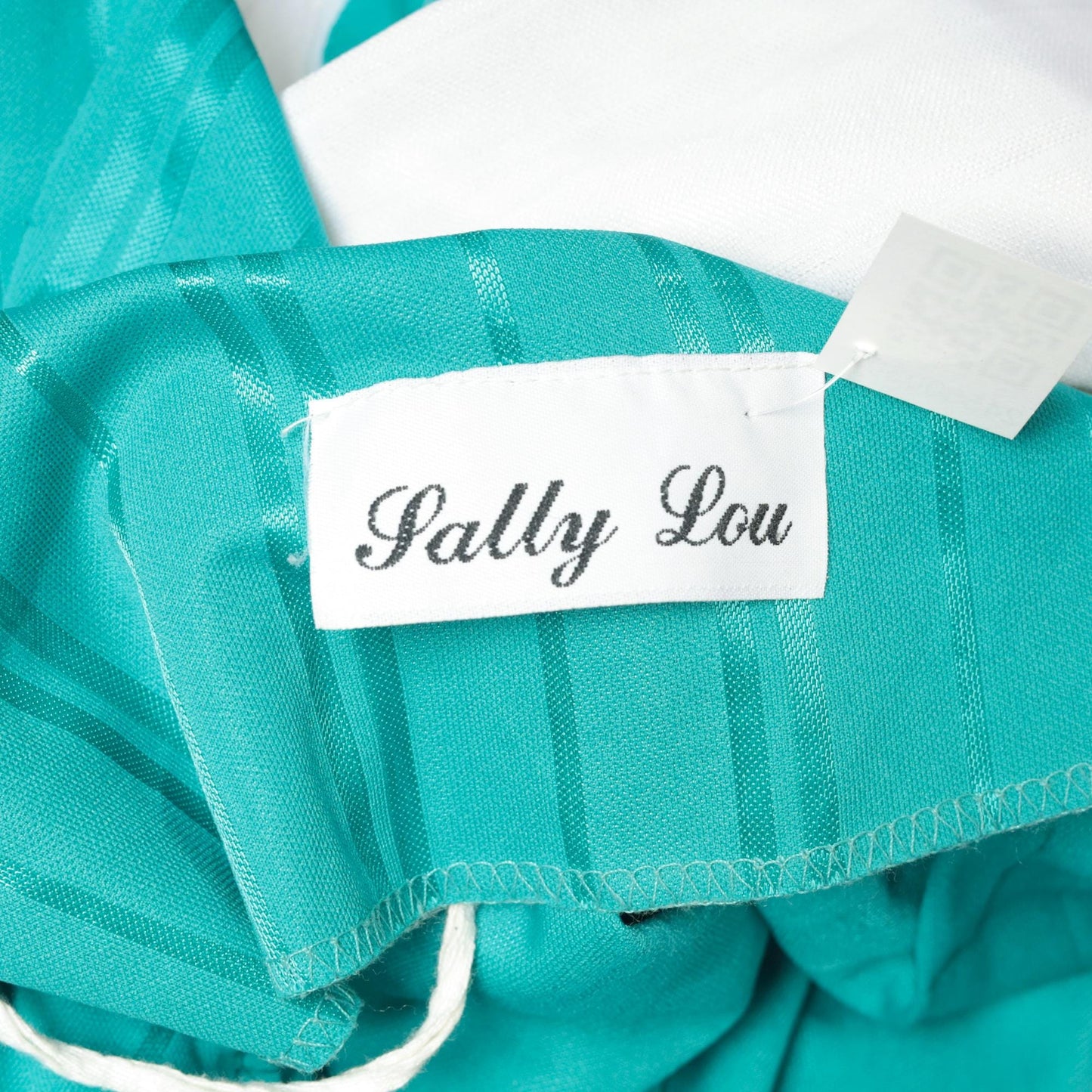 80s Sally Lou Teal Green Striped Peplum Midi Dress Puff Sleeve Small