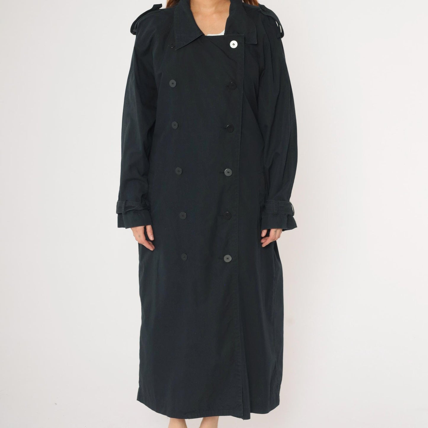 90s Liz Claiborne Black Trench Coat Double Breasted Belted Maxi Large L