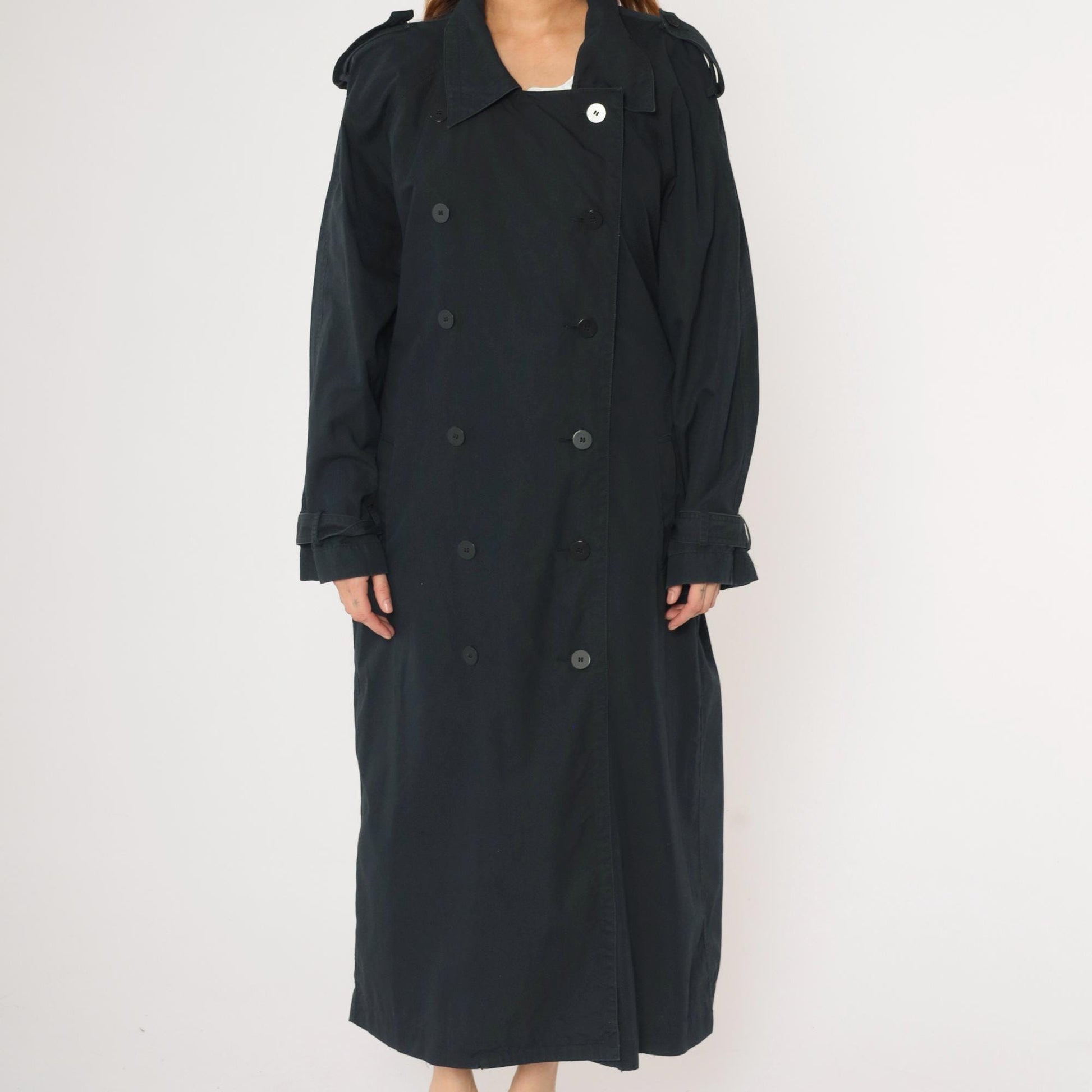 90s Liz Claiborne Black Trench Coat Double Breasted Belted Maxi Large L