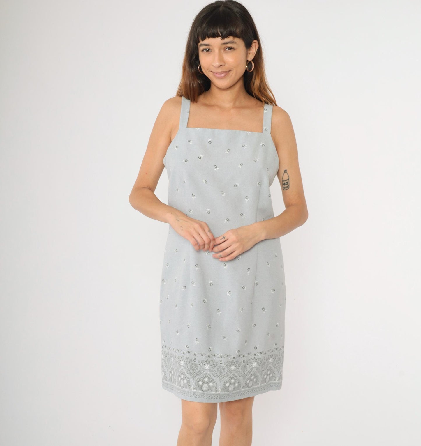90s Grey Floral Mini Dress Sleeveless Square Neck Sheath Pencil Medium