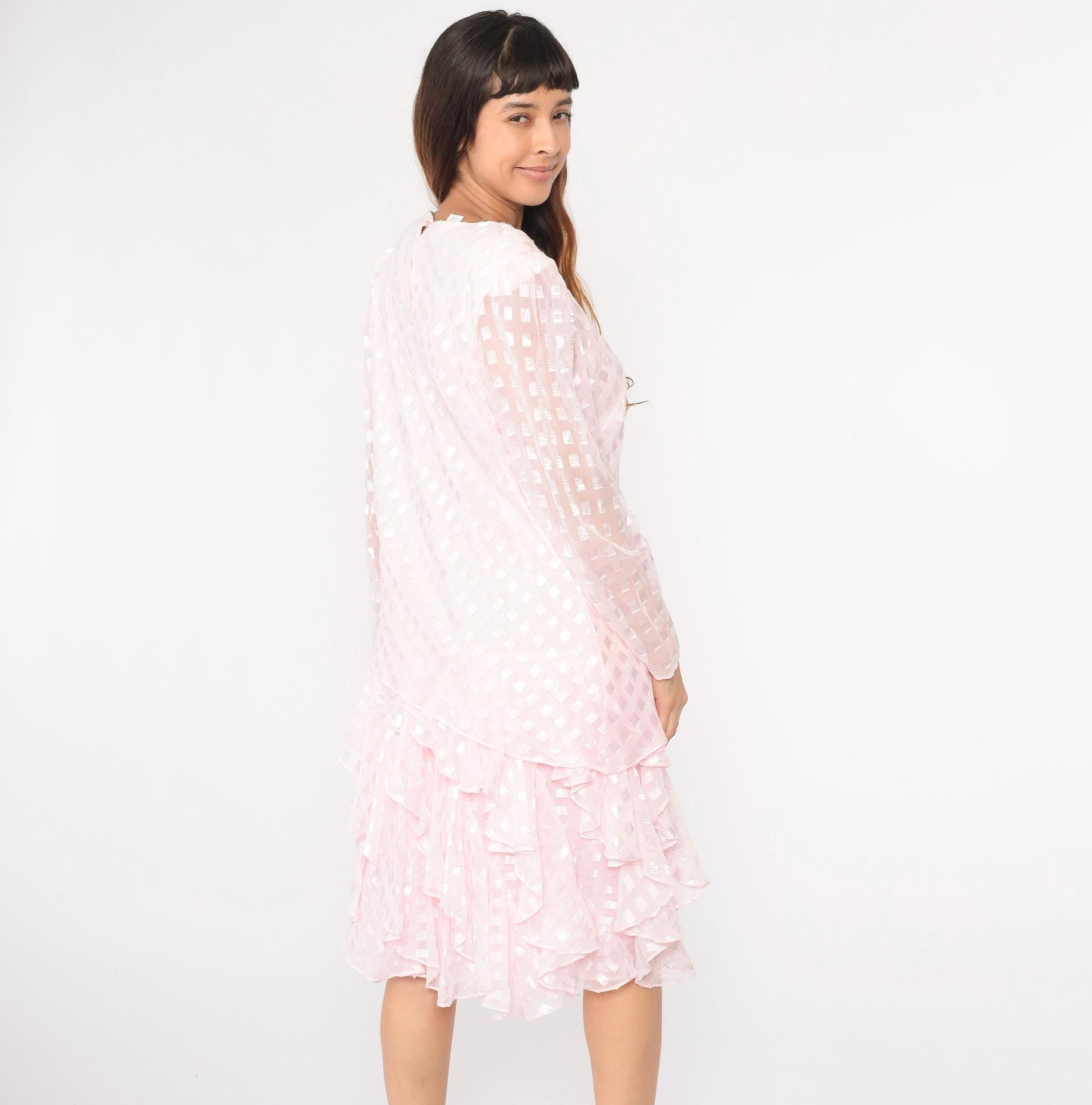 80s Patra Pink Midi Dress Drop Waist Puff Sleeve Ruffle Embossed Large L