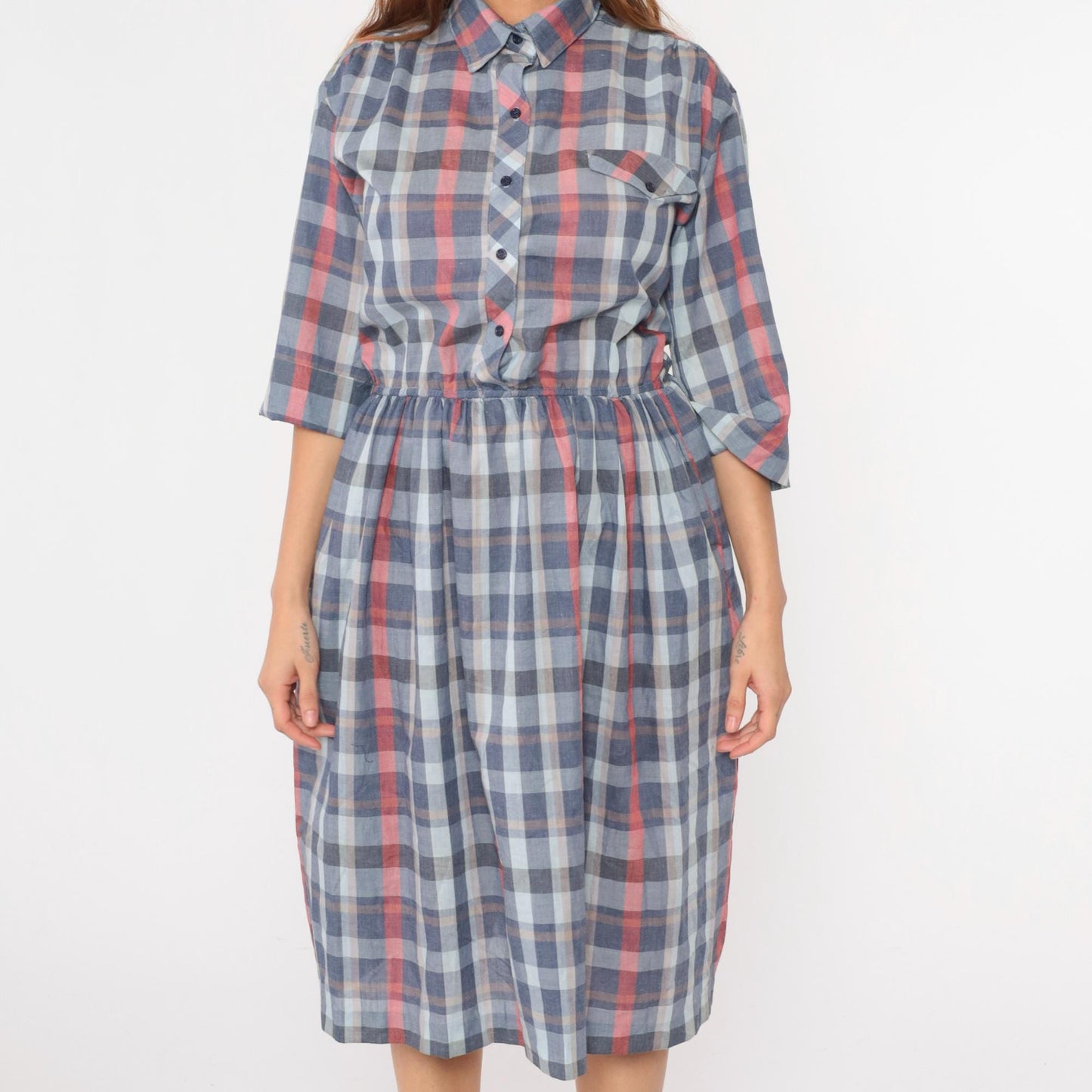 80s Paul Alfred Plaid Shirt Dress Blue Red Midi High Waist Medium