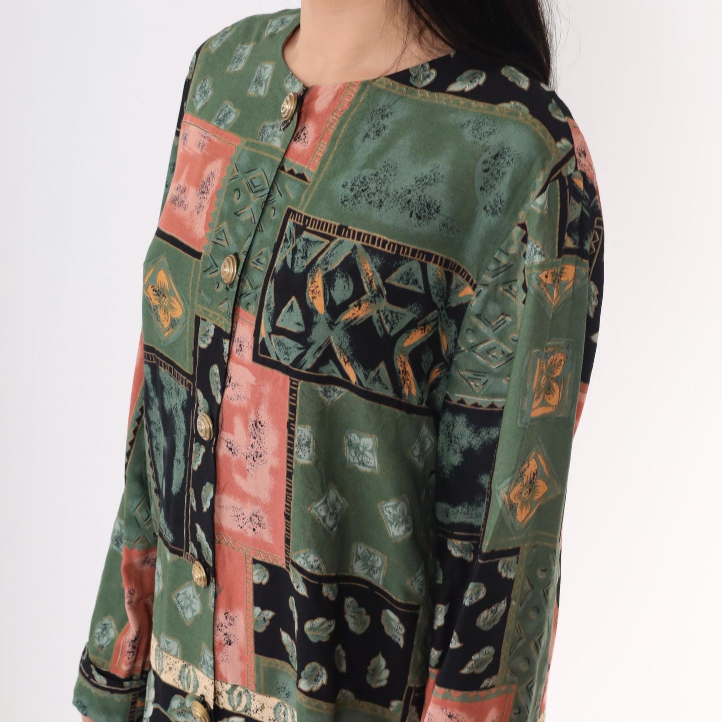 90s Patchwork Mini Dress Button-Up Long Sleeve Green Black Coral Medium M