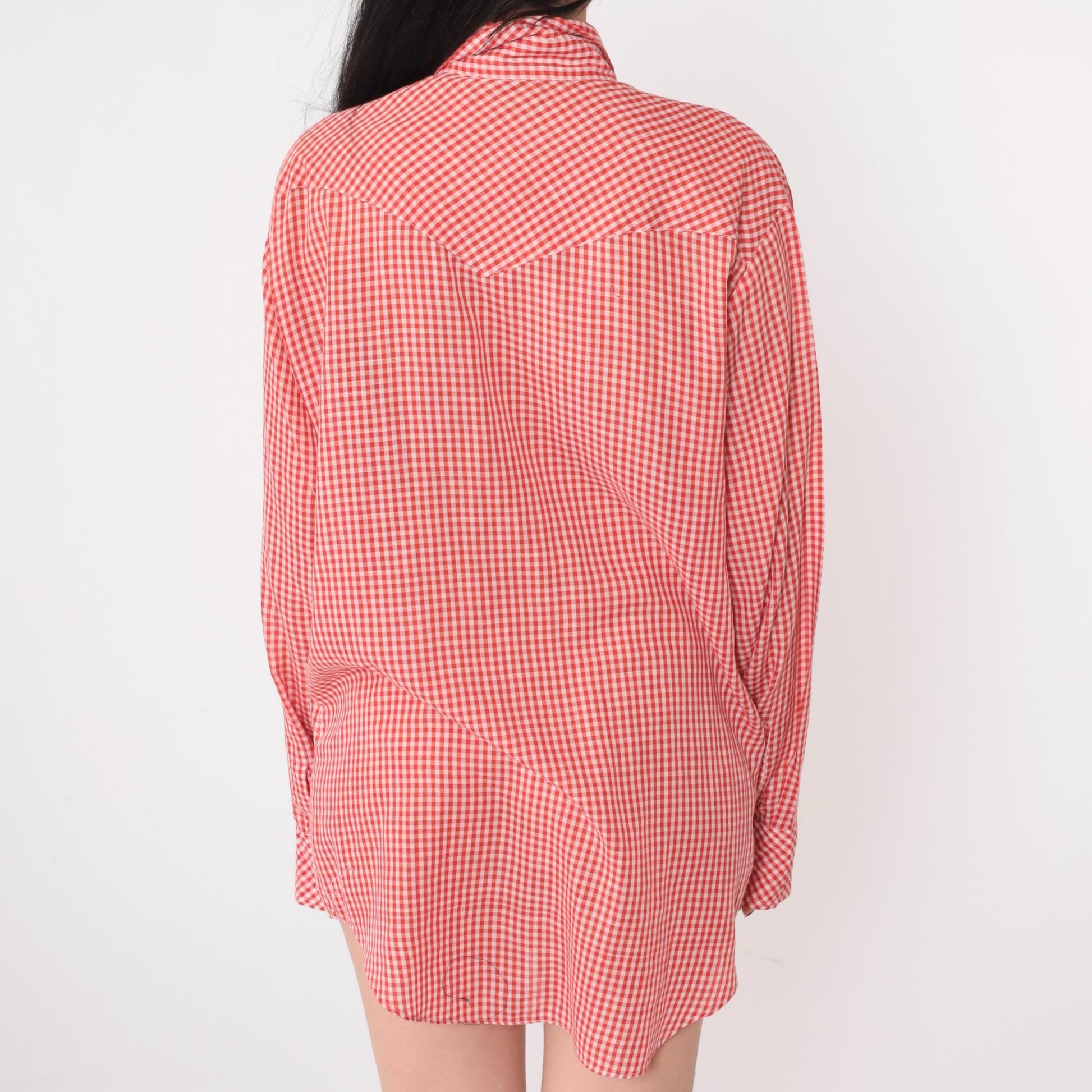 70s Sheplers Western Shirt Red White Gingham Pearl Snap Plaid Large L