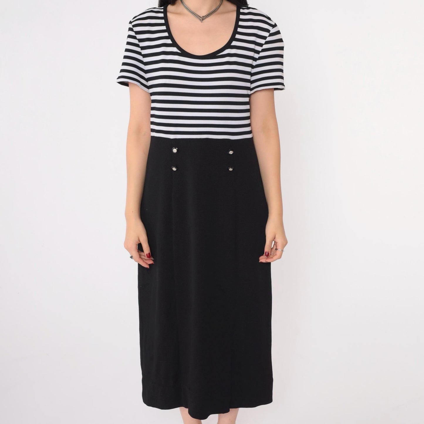 Y2K Black and White Striped Midi Dress Double-Breasted Scoop Neck Medium