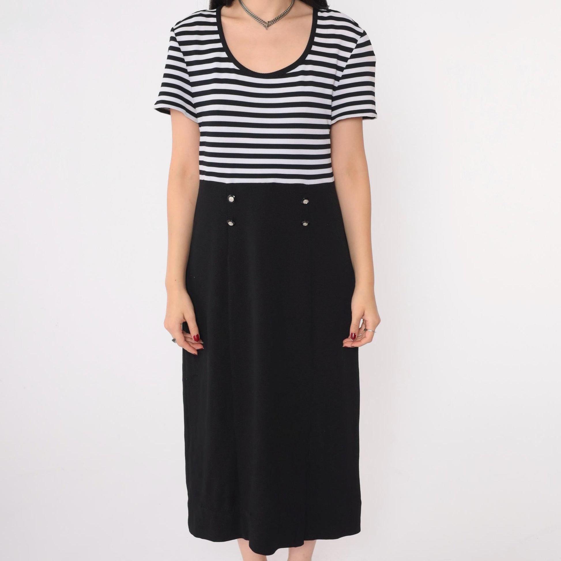Y2K Black and White Striped Midi Dress Double-Breasted Scoop Neck Medium