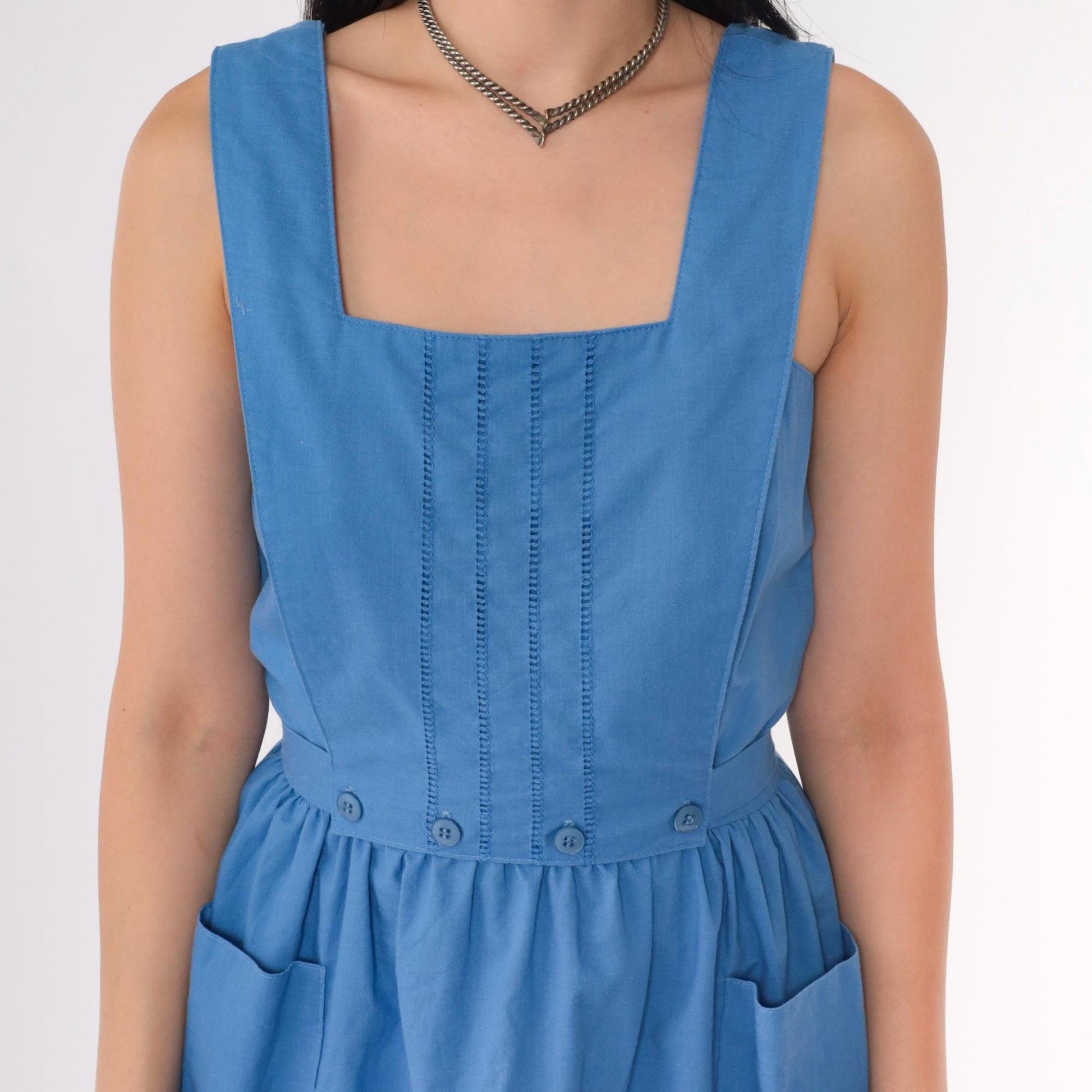 80s Lanz Originals Blue Cotton Pinafore Dress Cutwork Square Neckline Small