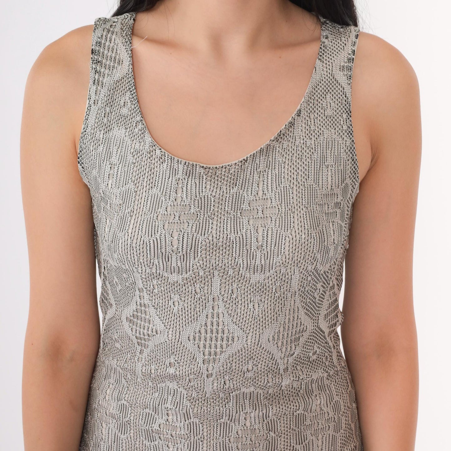 Y2K Grey Lace Floral Mini Dress Fringe Trim Bodycon Sleeveless Extra Small
