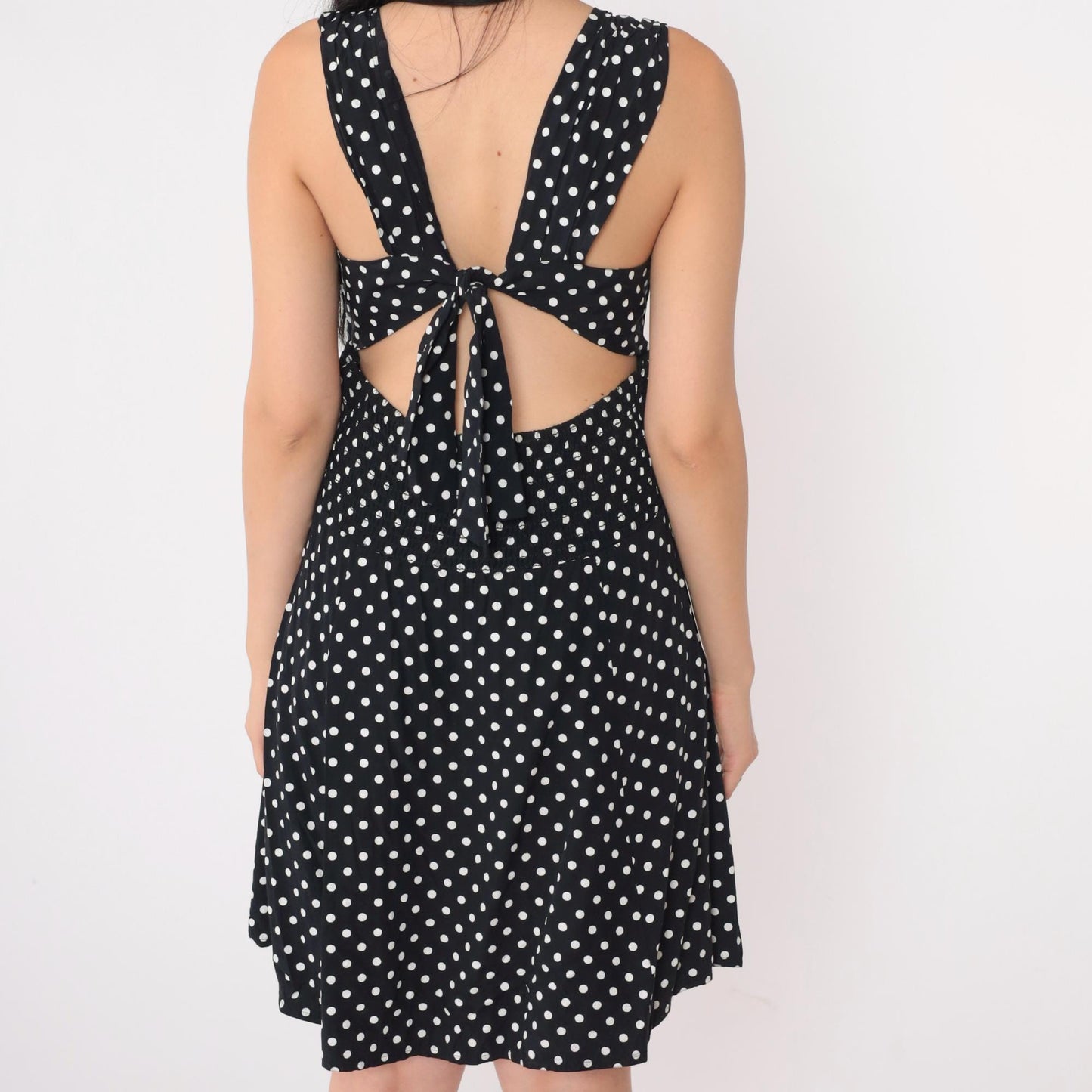 90s Black White Polka Dot Mini Dress Keyhole Back Smocked Sundress Small