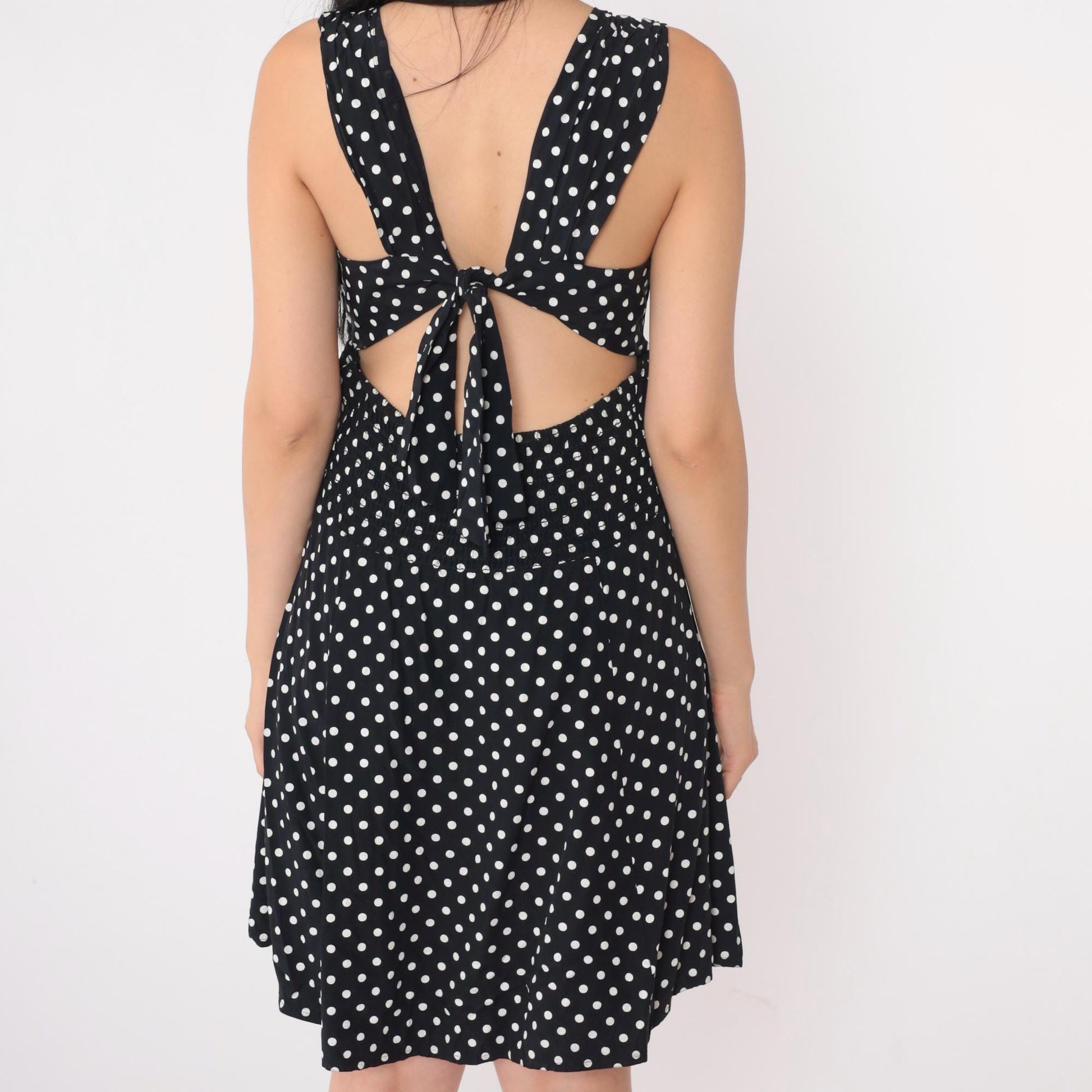 90s Black White Polka Dot Mini Dress Keyhole Back Smocked Sundress Small