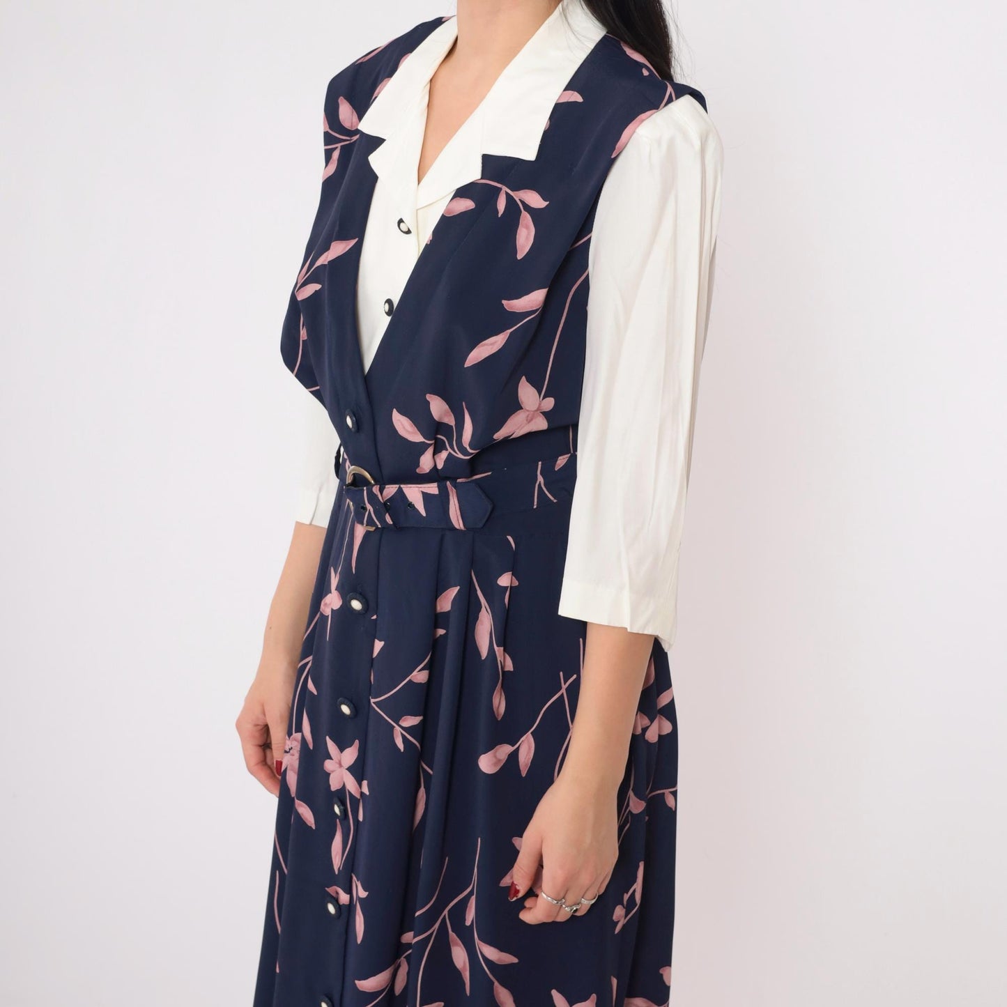 90s Navy Floral Maxi Dress Button-Up Attached Shirt 3/4 Sleeve Belted Medium