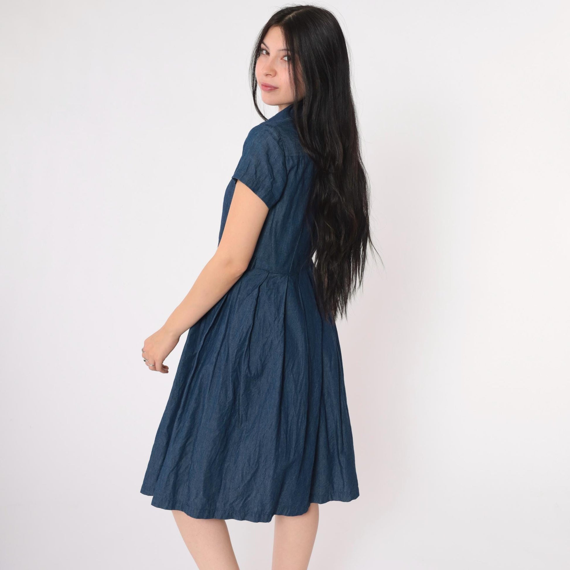 90s Talbots Petite Denim Shirtdress Knee-Length Pleated Dark Blue Cotton Size 2