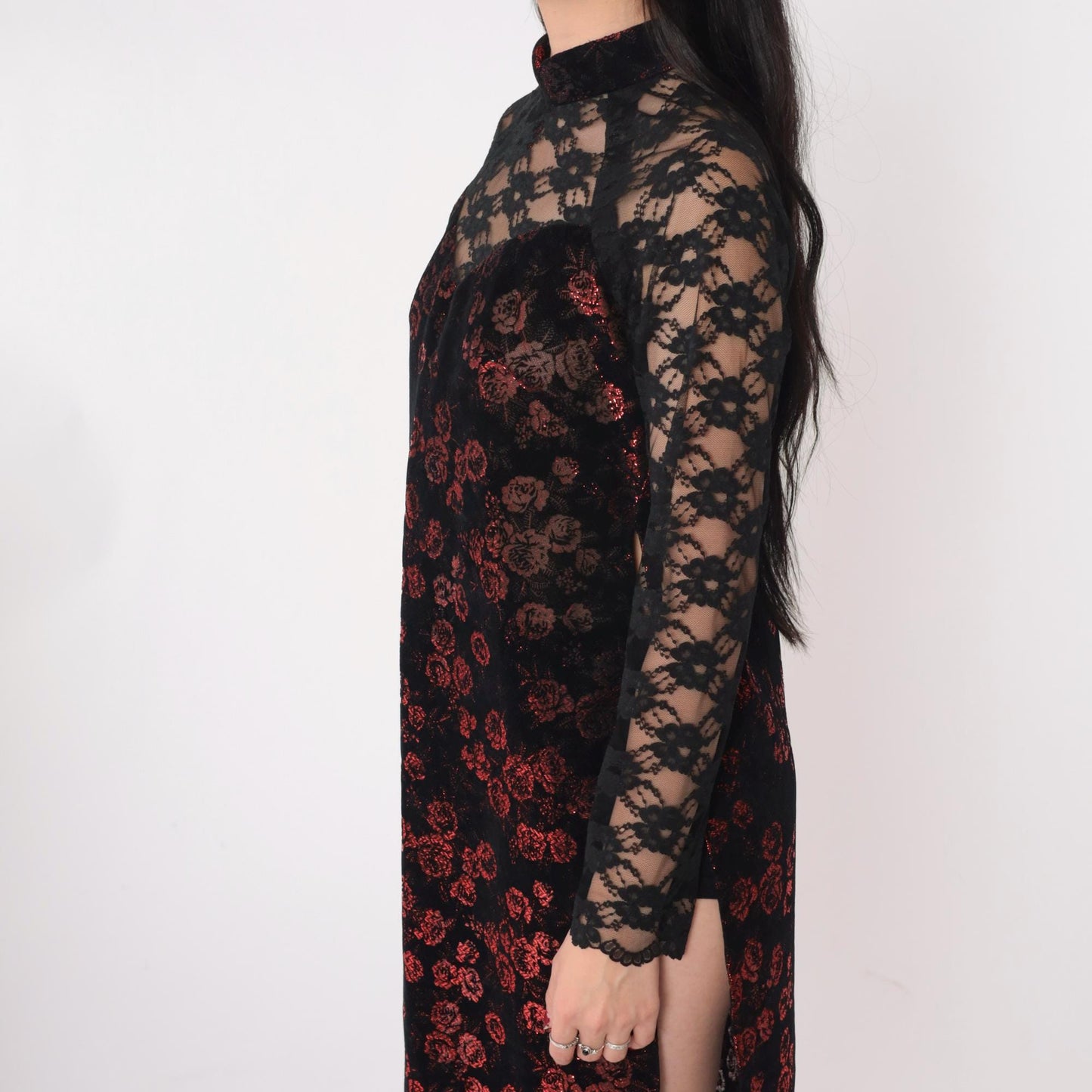 00s Ao Dai Dress Burnout Velvet Floral Mandarin Collar Black Lace Extra Small
