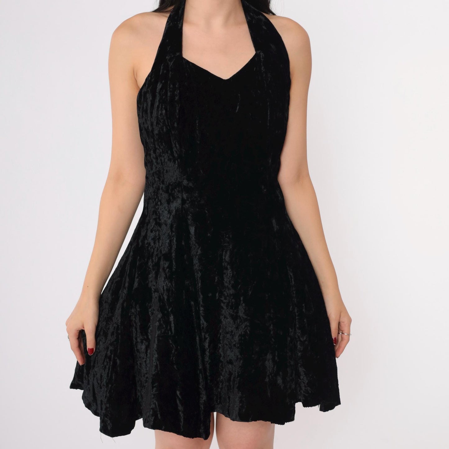 80s Positively Ellyn Black Velvet Halter Mini Dress Sweetheart Neckline Medium