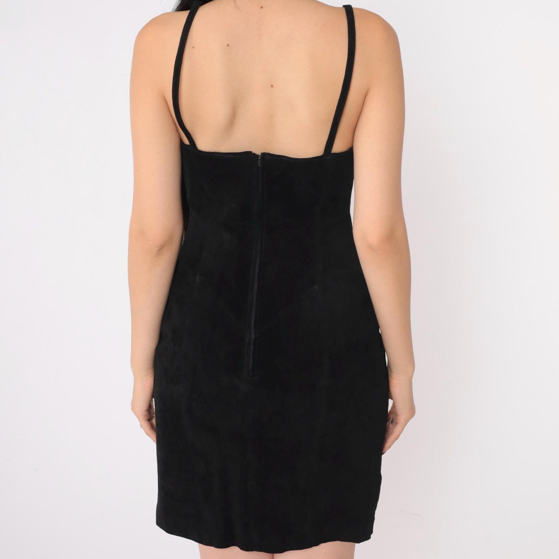 80s Wilsons Leather Black Suede Mini Dress Bodycon Sweetheart Neckline Small