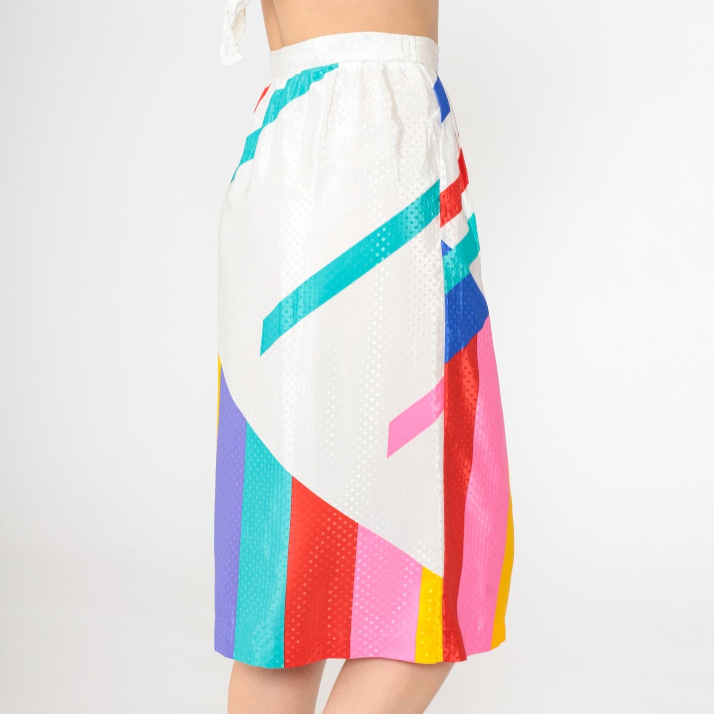 80s Rainbow Striped Midi Skirt High Waist Polka Dot White Small 4
