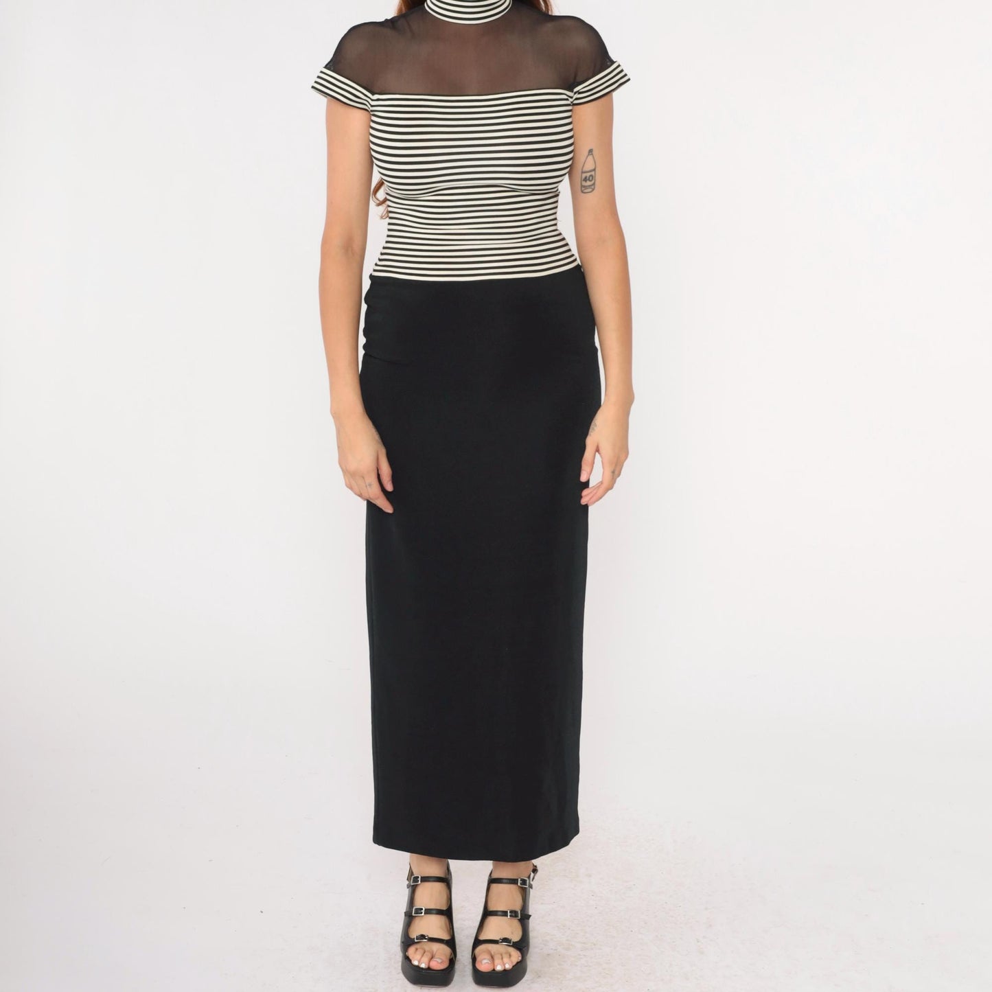 90s Susan Rosalli Bodycon Maxi Dress Black White Striped Mesh Mock Neck Small 4