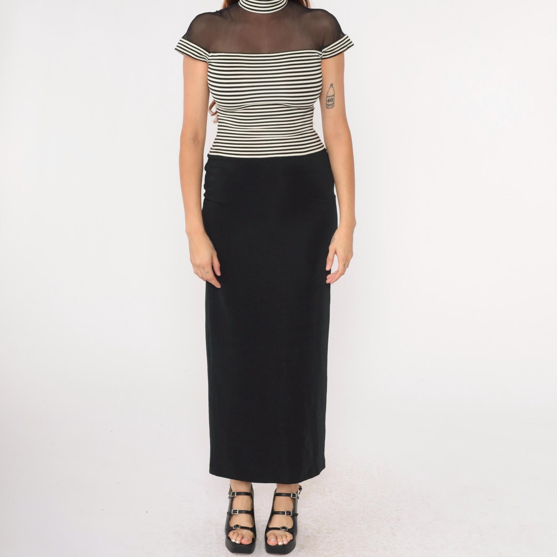 90s Susan Rosalli Bodycon Maxi Dress Black White Striped Mesh Mock Neck Small 4