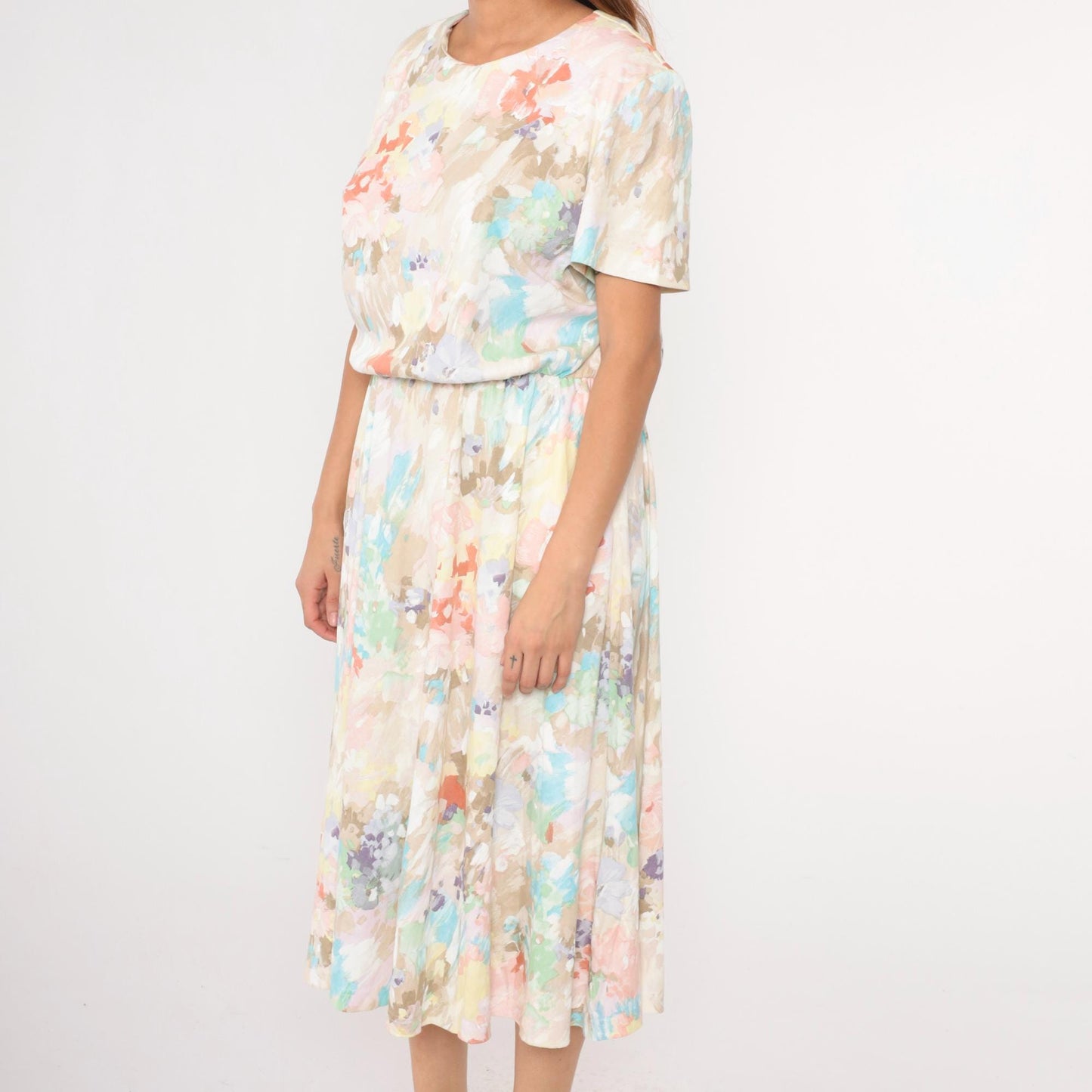 80s Watercolor Floral Midi Dress High Waist Blouson Pink Brown Blue Large