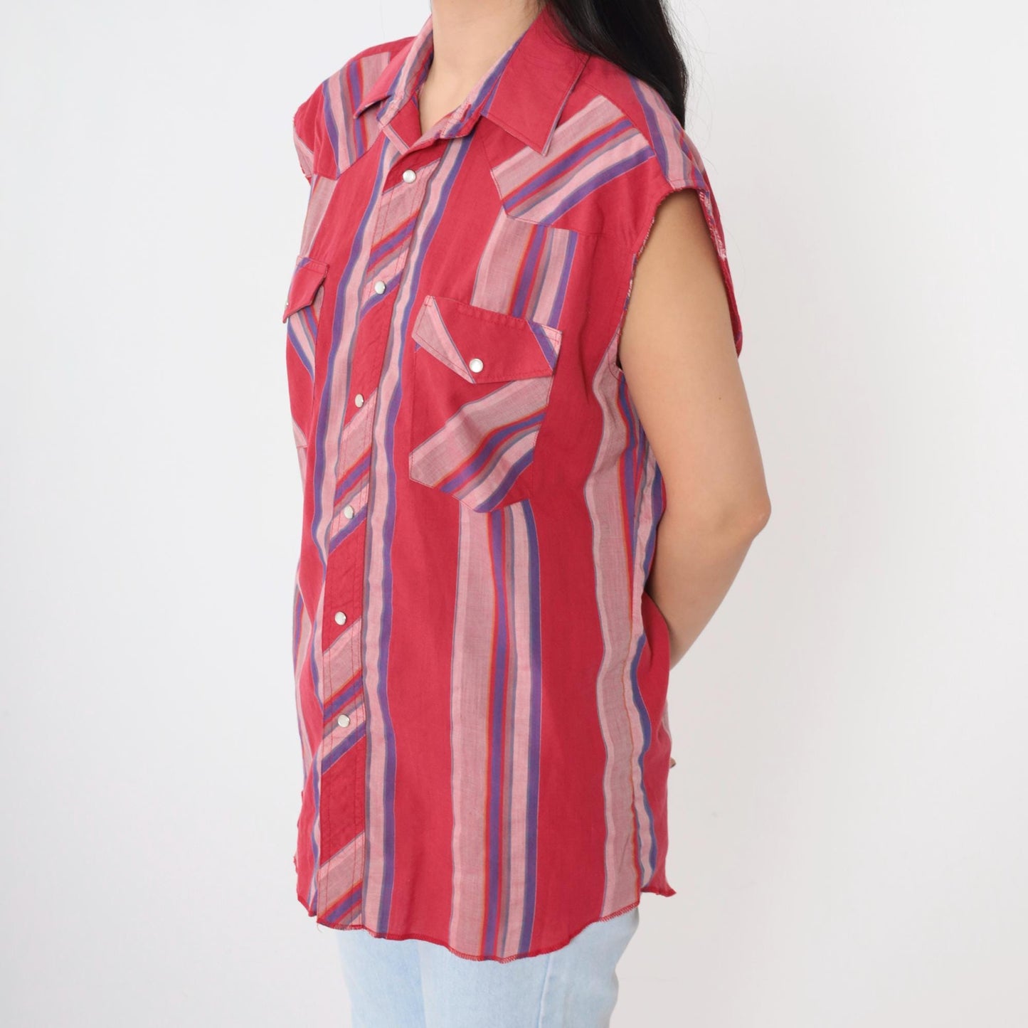 90s Wrangler Western Sleeveless Shirt Cherry Red Striped Pearl Snap Men's Medium