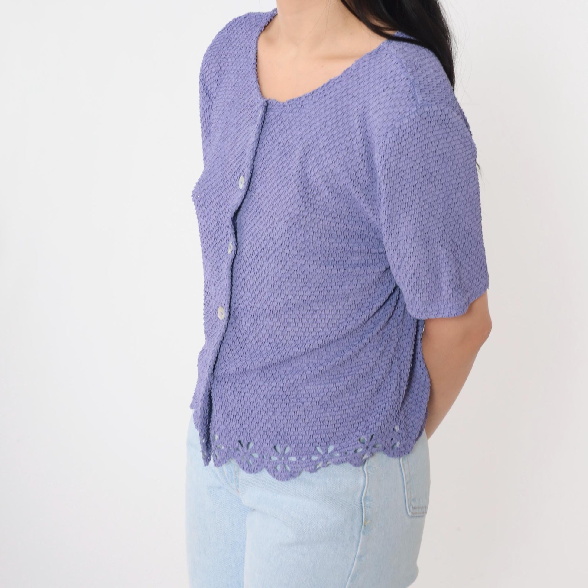 90s Lavender Cutwork Cardigan Sheer Knit Floral Cutout Button-Up Medium