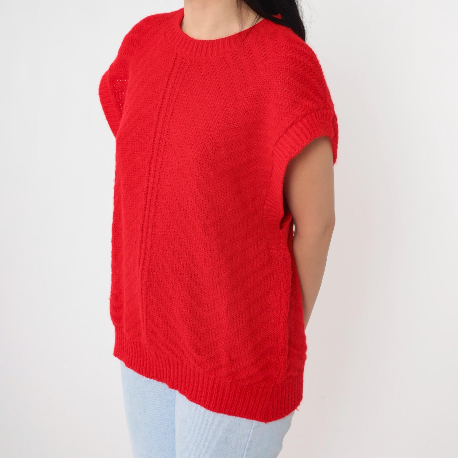 80s Fortune Knits Red Chevron Knit Top Cap Sleeve Medium