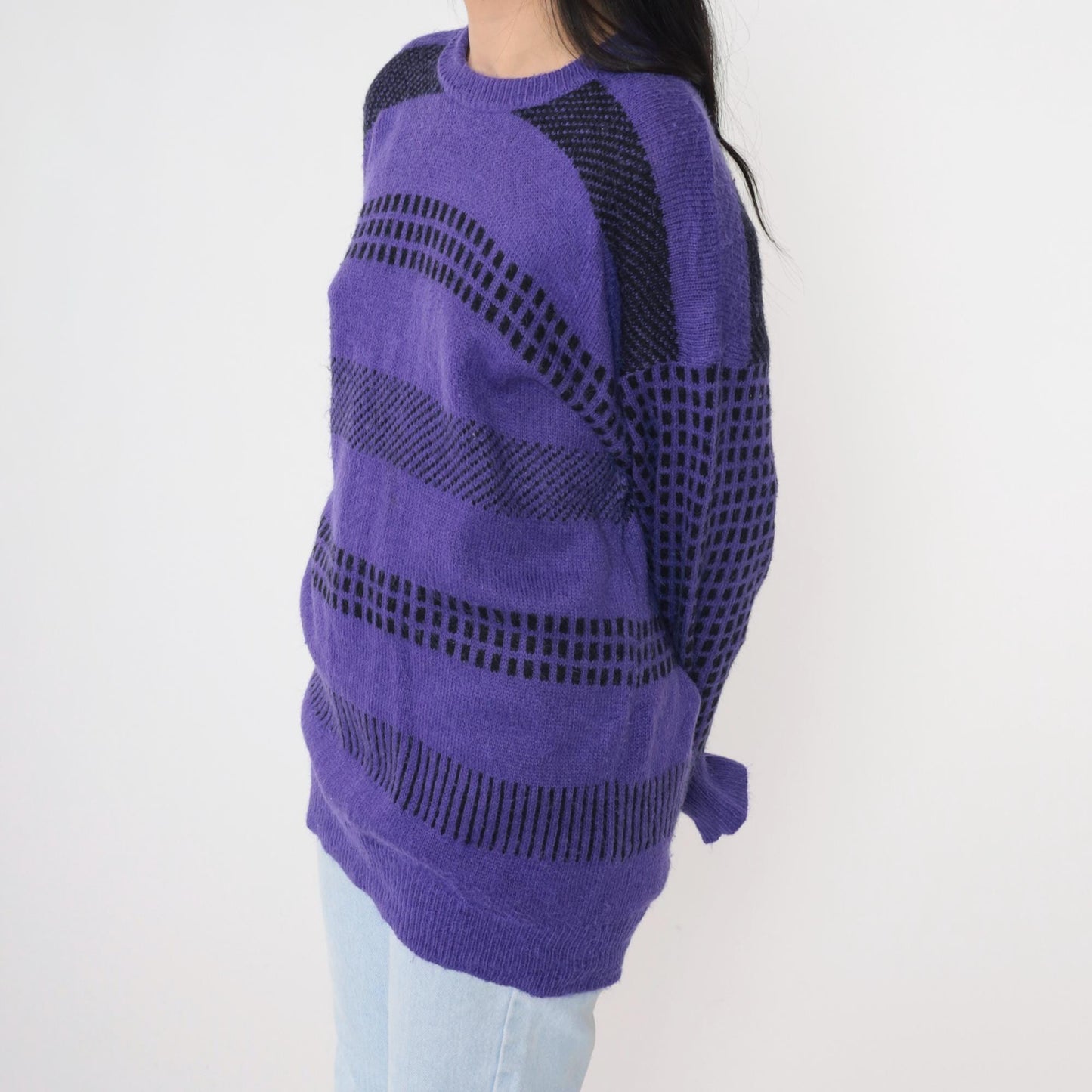 80s Purple Striped Wool Blend Crewneck Pullover Sweater Grid Print Medium