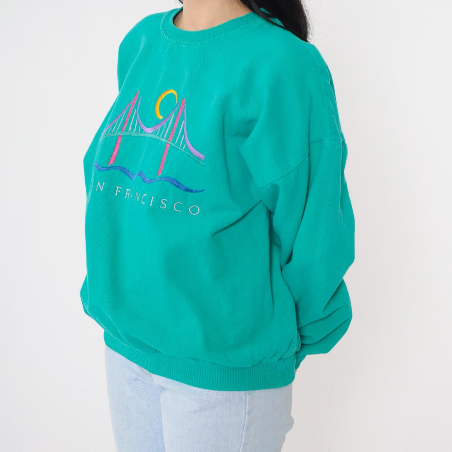90s San Francisco Golden Gate Bridge Embroidered Sweatshirt Teal Cotton Medium