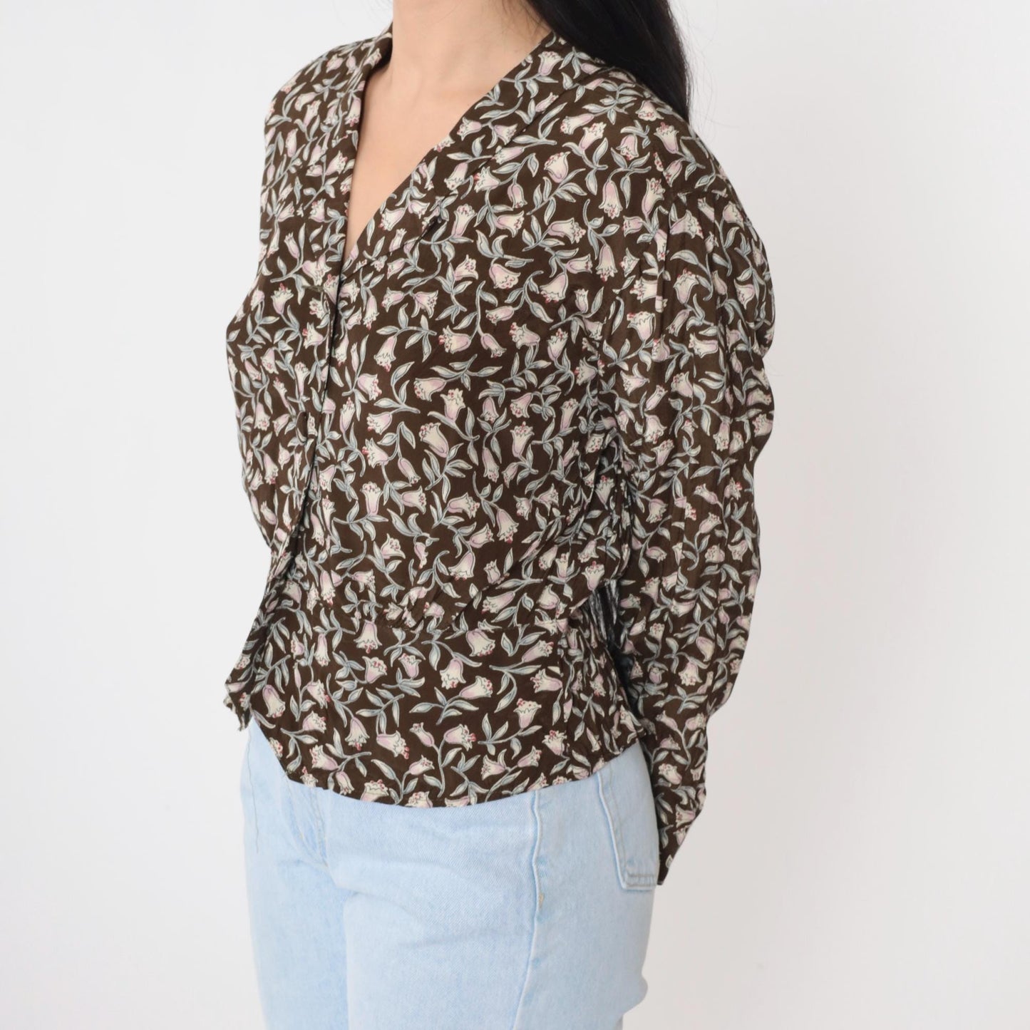 90s Carole Little Floral Button-Up Blouse Brown Peplum Petite Medium