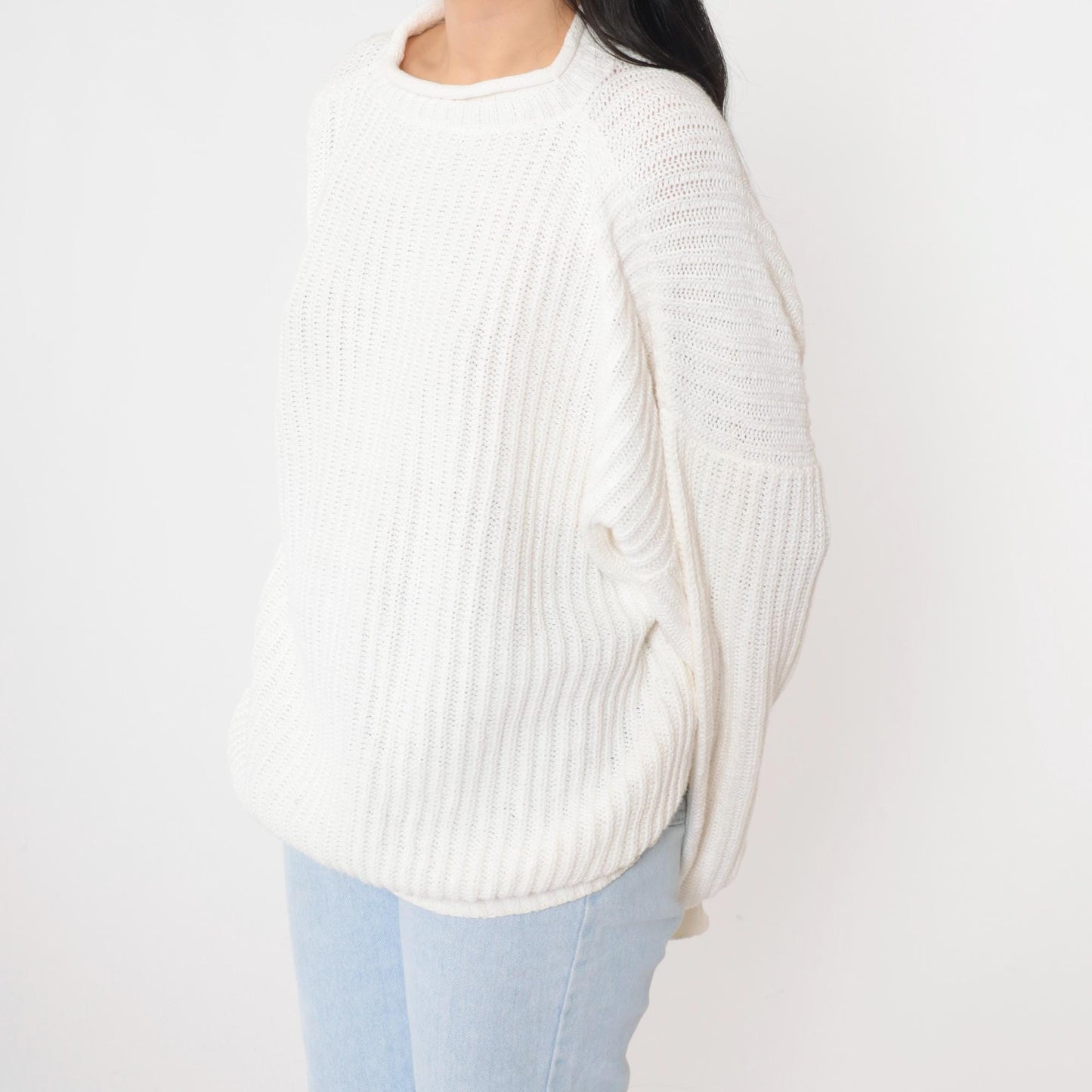 90s Structure White Ramie Cotton Roll Neck Sweater Ribbed Knit Large L