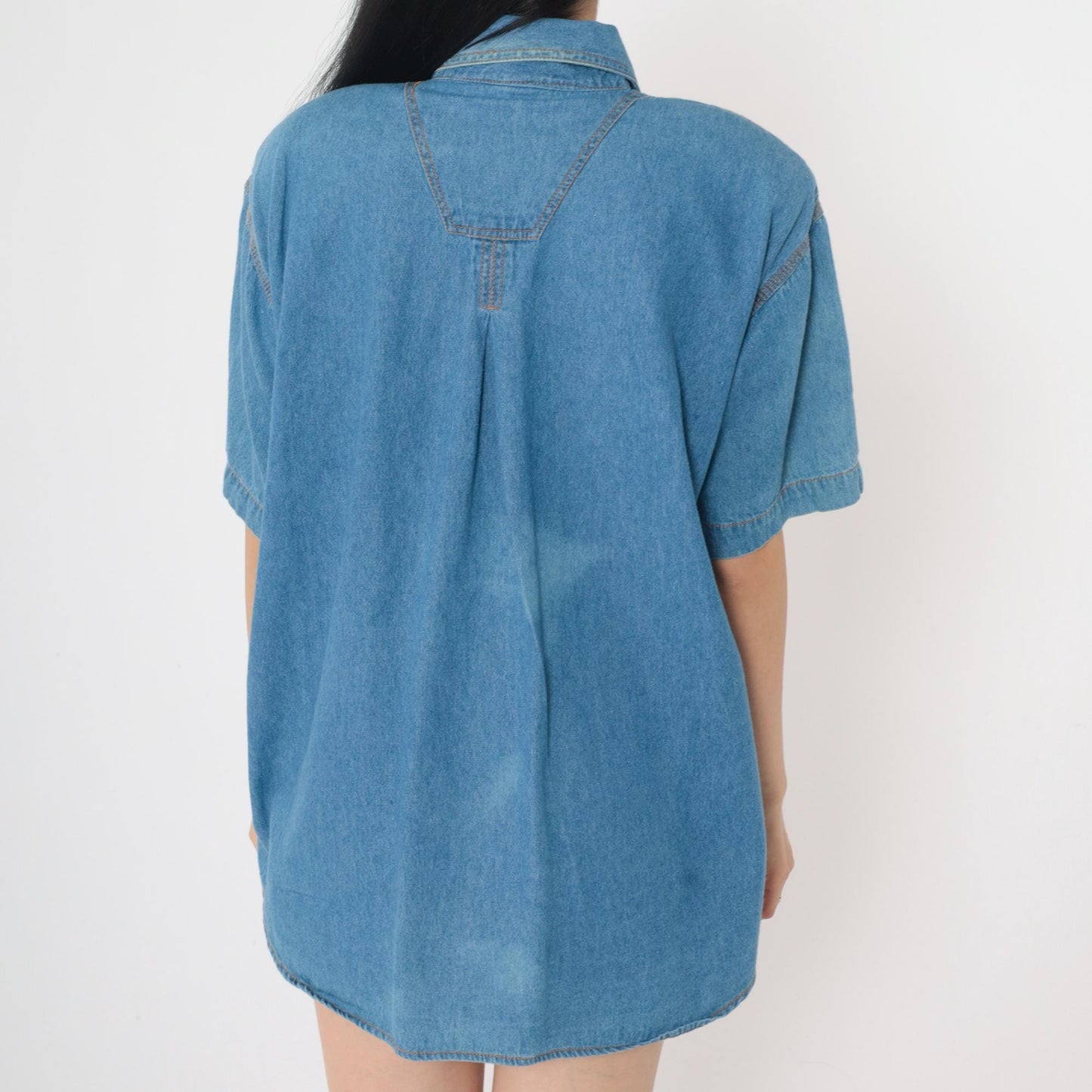 90s Blue Denim Button-Up Shirt Short Sleeve Collared Cotton Medium