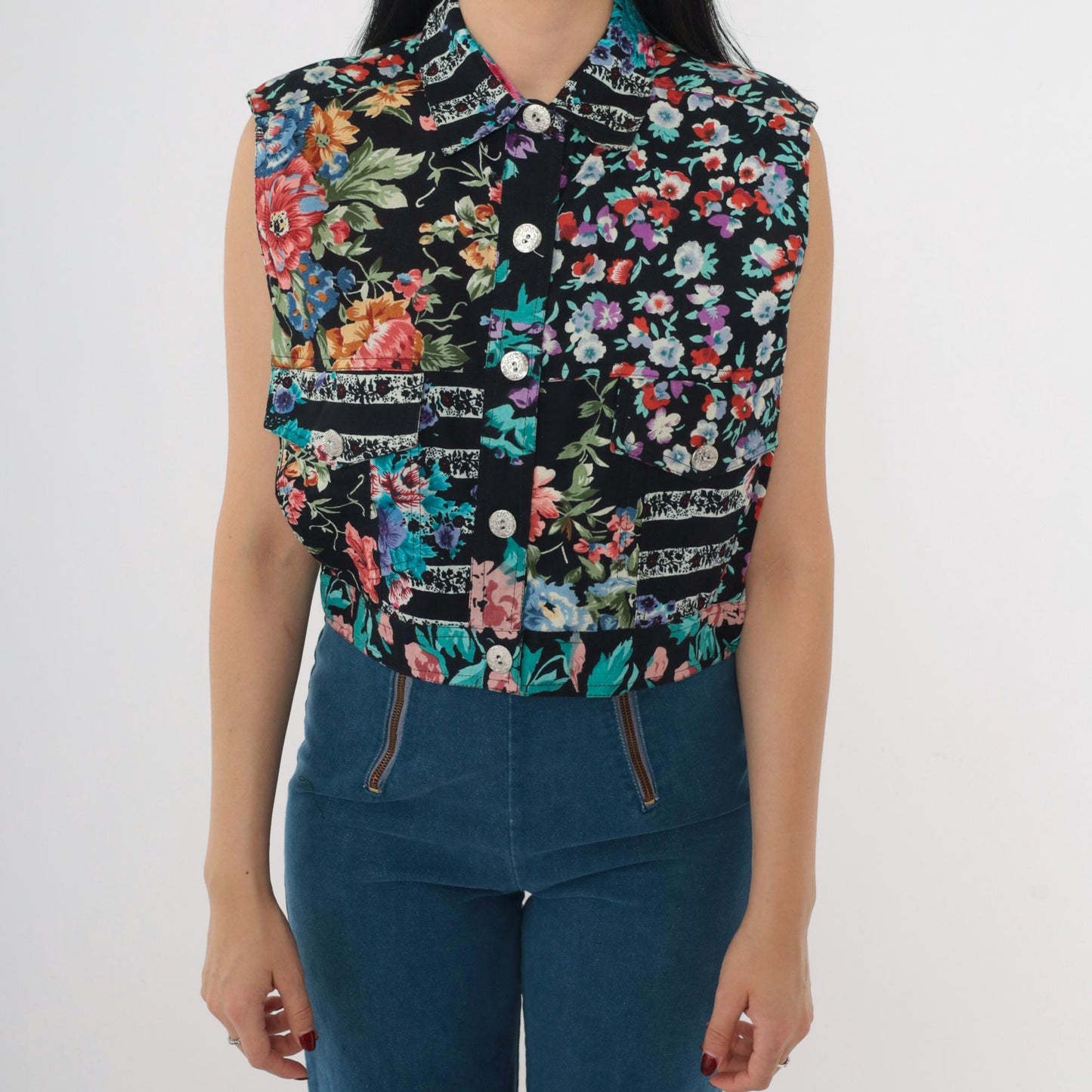 90s Cotton Express Floral Patchwork Crop Top Sleeveless Button-Up Medium