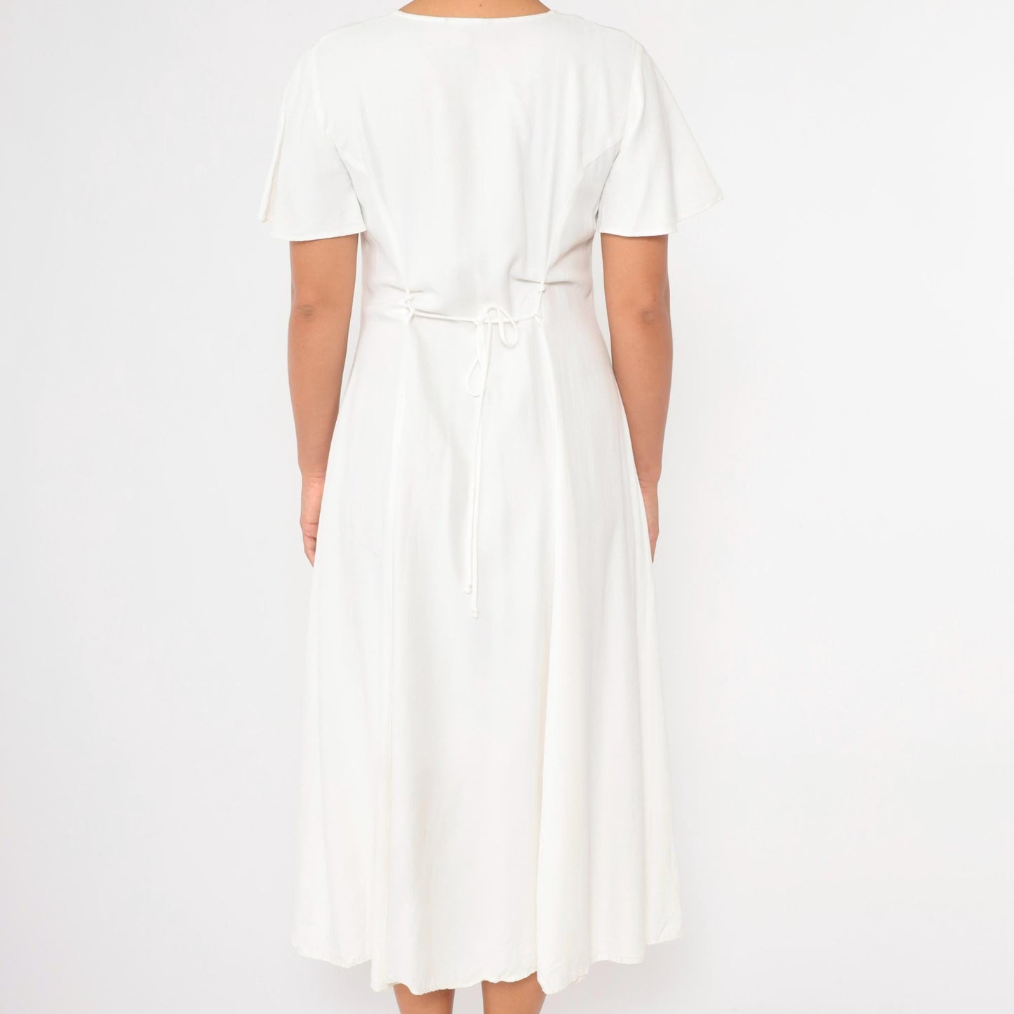 90s White Midi Dress Flutter Sleeve Lace Trim Button Up A-Line Medium